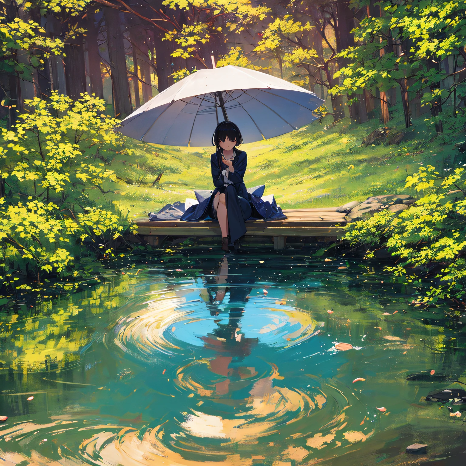 Onegirl,In the lotus pond,Full body like,under rain,Minimalist style,Ink pastel style,The background is dull green,Bokeh, --auto
