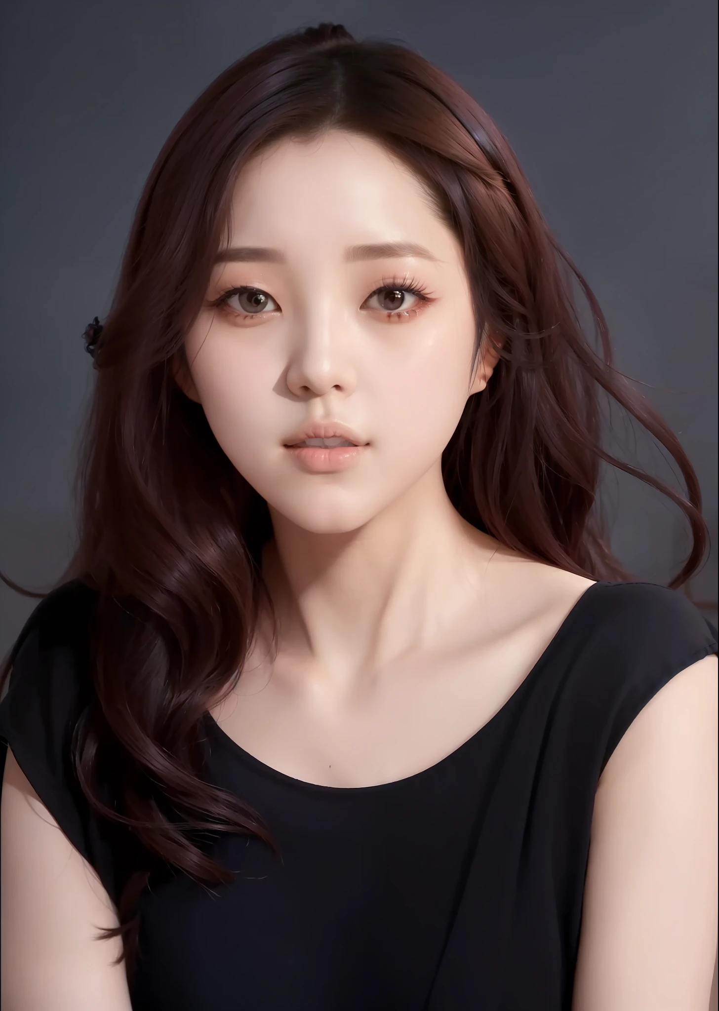 a woman with long hair and black top posing for a picture, female actress from korea, sangsoo jeong, lee ji-eun, lee ji - eun, shin min jeong, kwak ji young, hwang se - on, park ji-min, Choi Hong Hwa, kim hyun joo, Kaoru Mori, 奈良美智