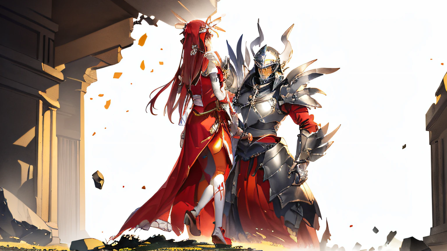 A man in armor and a helmet lifts the back of a beautiful woman dressed in red with white feathers stuck on her head，Interior scene of the Stone Pillar Shrine，Dilapidated shrine，Broken stone pillars，Dim background，