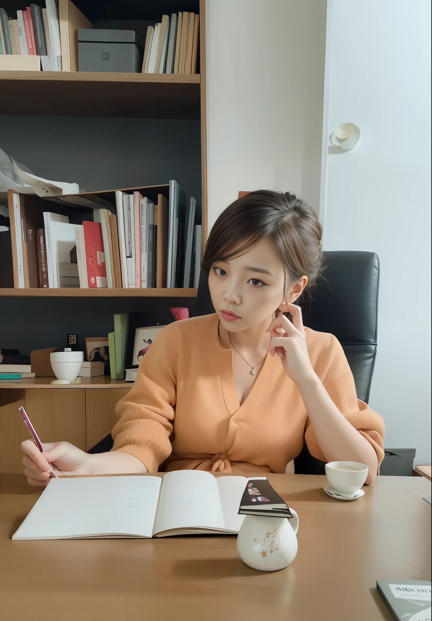 Woman sitting at desk，Holding a book and a cup of coffee, Kwak Ji-young, heonhwa choe, lee ji-eun, Lee Ji-eun, sangsoo jeong, shin min jeong, kim hyun joo, park jimin, jaeyeon nam, author：Kim Jong-hee, jiyun chae, taejune kim