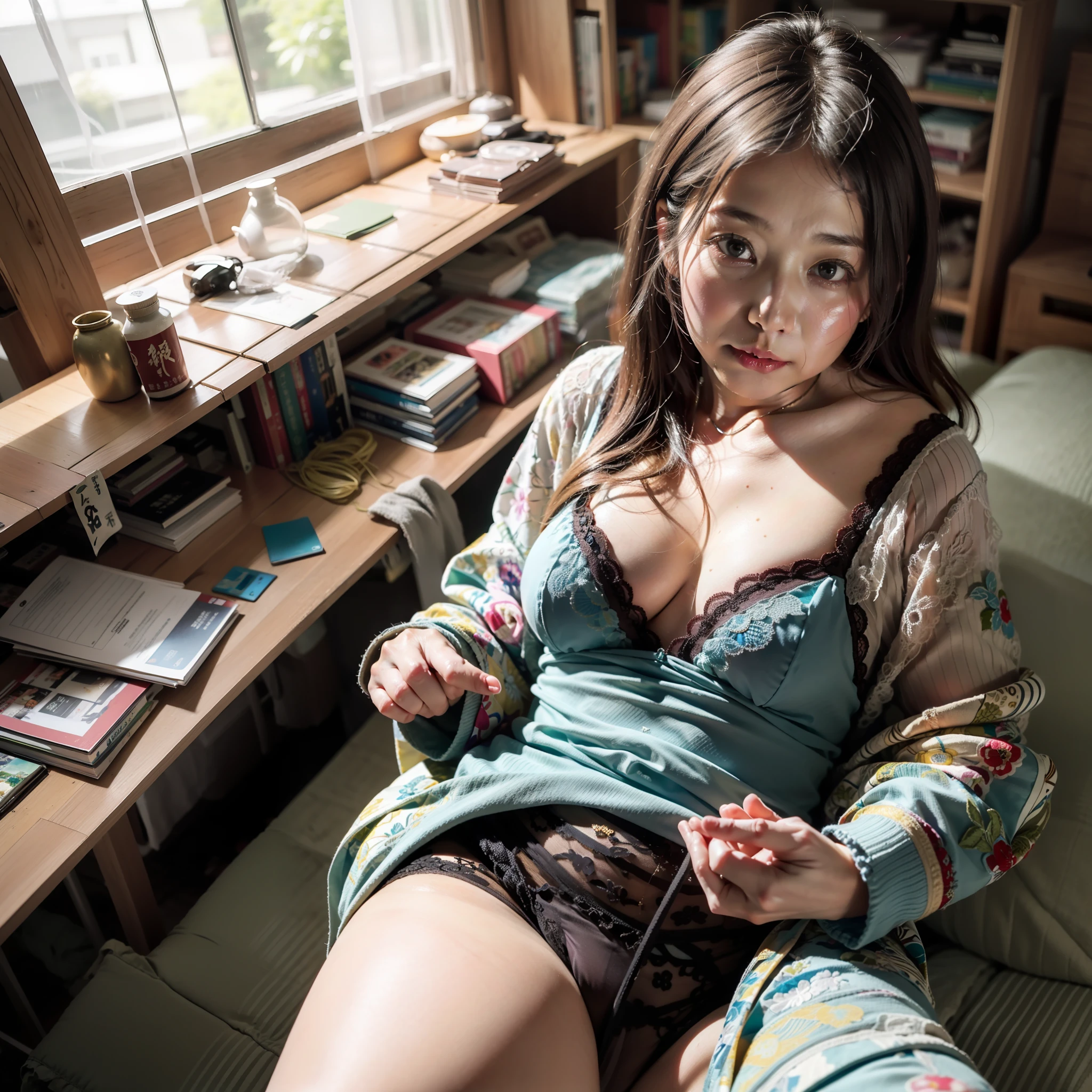((beste-Qualit、8K分辨率、Master masterpiece、Portrait:1.3)), photo- realistic, disposable camera, 35㎜ film, 1人の女性, japanes, Beautie, 42 year old, hair wavy, Wrinkles at the corners of the eyes, (Underwear、Show me your :1.5)) , (Messy room: 1.3), Jumbled background、Old house