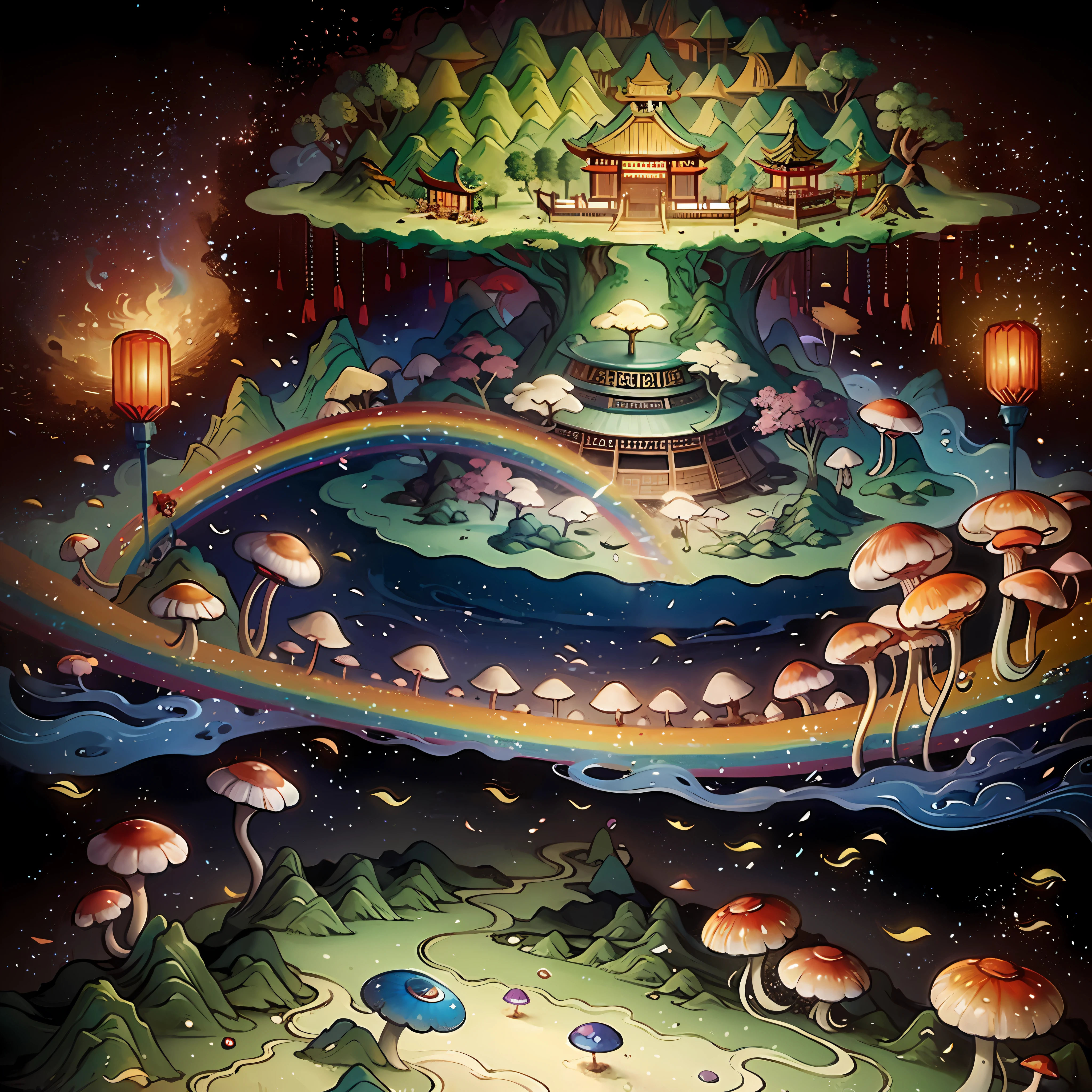 An ancient Chinese painting, ancient Chinese background, mountains, rivers, auspicious clouds, pavilions, sunshine,(psychedelic details),(mushrooms),(rainbow),(trippy),(DMT),(Buddha),intricate details, more details, high details,masterpieces, super detail, epic composition, ultra HD, high quality, extremely detailed, official art, unified 8k wallpaper, Super detail, 32k -- v 6