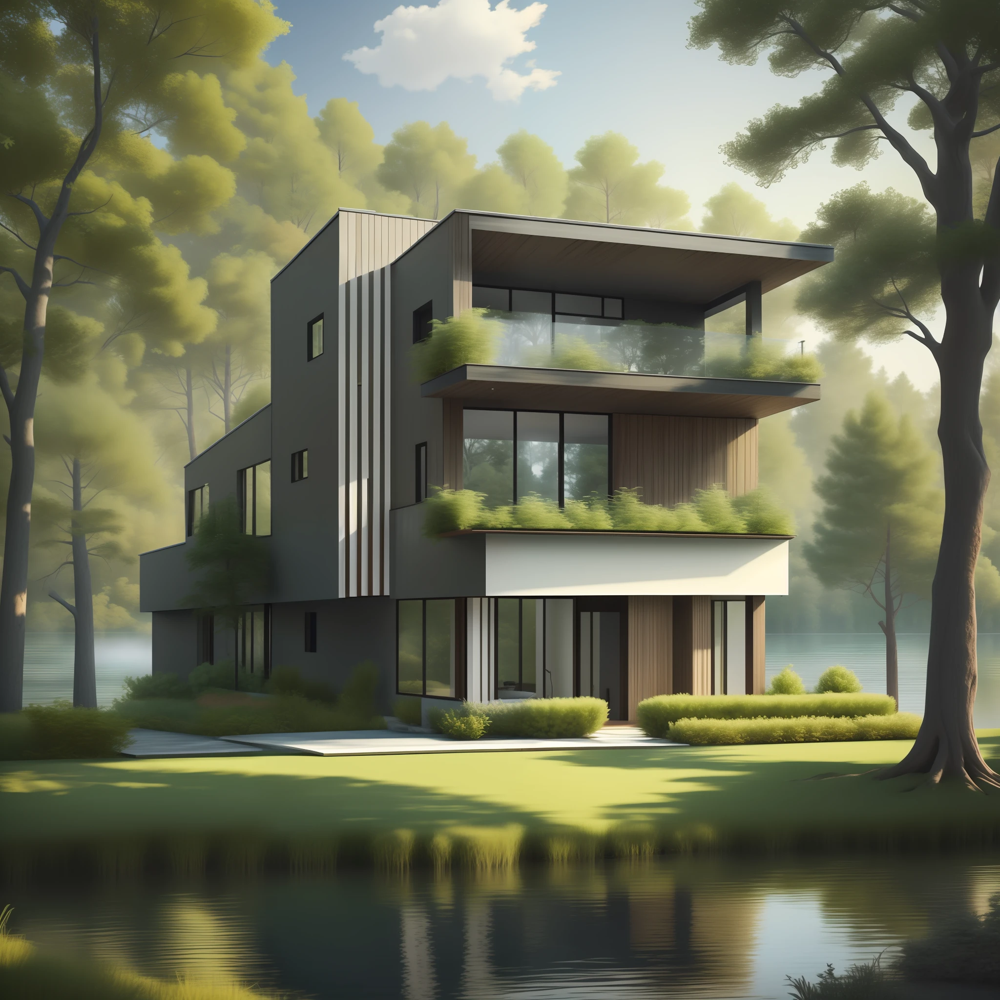 A rendering of a house with a pond in front of it - SeaArt AI