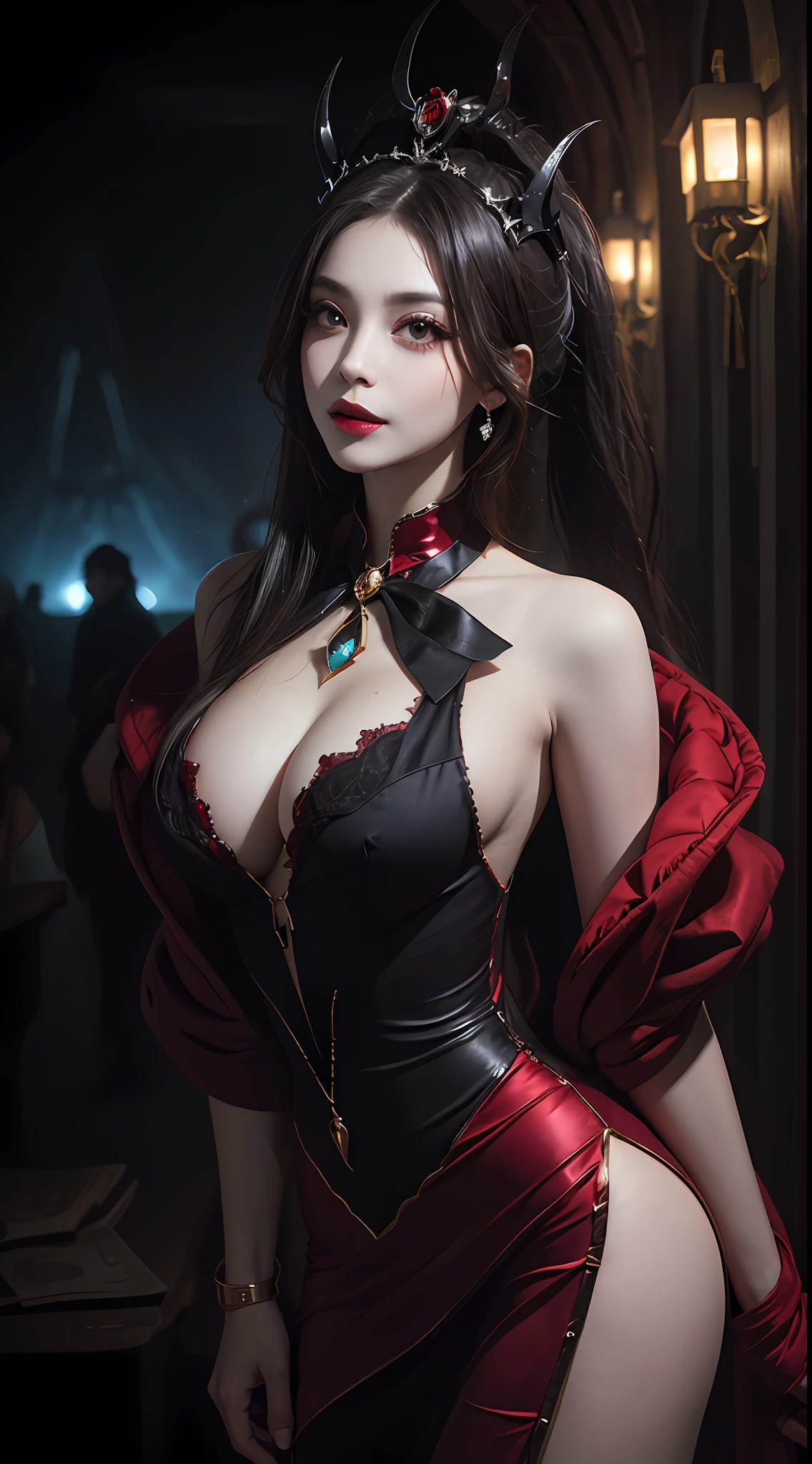 1 beautiful devil woman from hell, In the Dark: 1.6), surreal female portrait by David Hockney and Alphonse Mucha, fantasy art, korea doll, photorealism, dynamic lighting, artstation, poster, volumetric lighting, very detailed faces, 8k ultra, Awarded, in the dark, deep shadow, low key, cowboy lens, (Red phoenix dress: 1.4), long hair, black hair, bust, luxurious palace, Royal style, devil crown, red eyes make up very sharp and detailed, The most beautiful face, The breasts are very big and round and round, Super realistic, chinese women's clothing, polo neck sweater, Charming smile, The eyes are very well made up, guweiz, devil style, wearing black mesh socks, Ponytail with a bow tied at the back of the hair, Red black lips, Devil tattoo on shoulder, wearing a thin red and black robe, the landscape is overcast and thunderous, (Portrait), Close-up of the main character, (Background details 1.8),