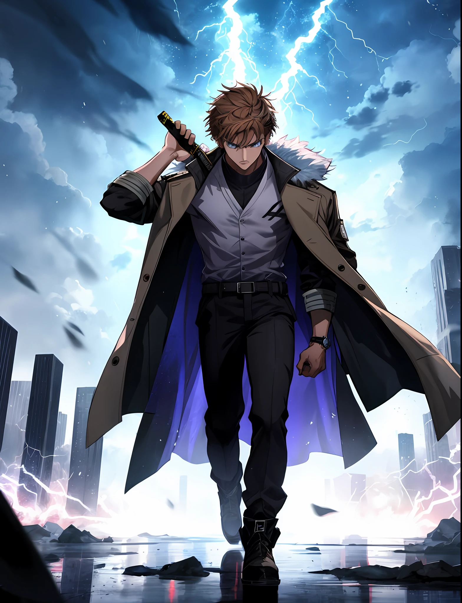 fantastic art, dynamic and powerful pose of a male protagonist, short brown hair, blue eyes reflecting anger and determination, full body picture, lightning around him, standing upright and staring into the camera with strong gaze and aesthetic expressions, holding a blue glowing sword in one hand, wearing a white battle coat over a plain grey shirt, the brooding and dramatic tension set against a dark and intense background with lightning