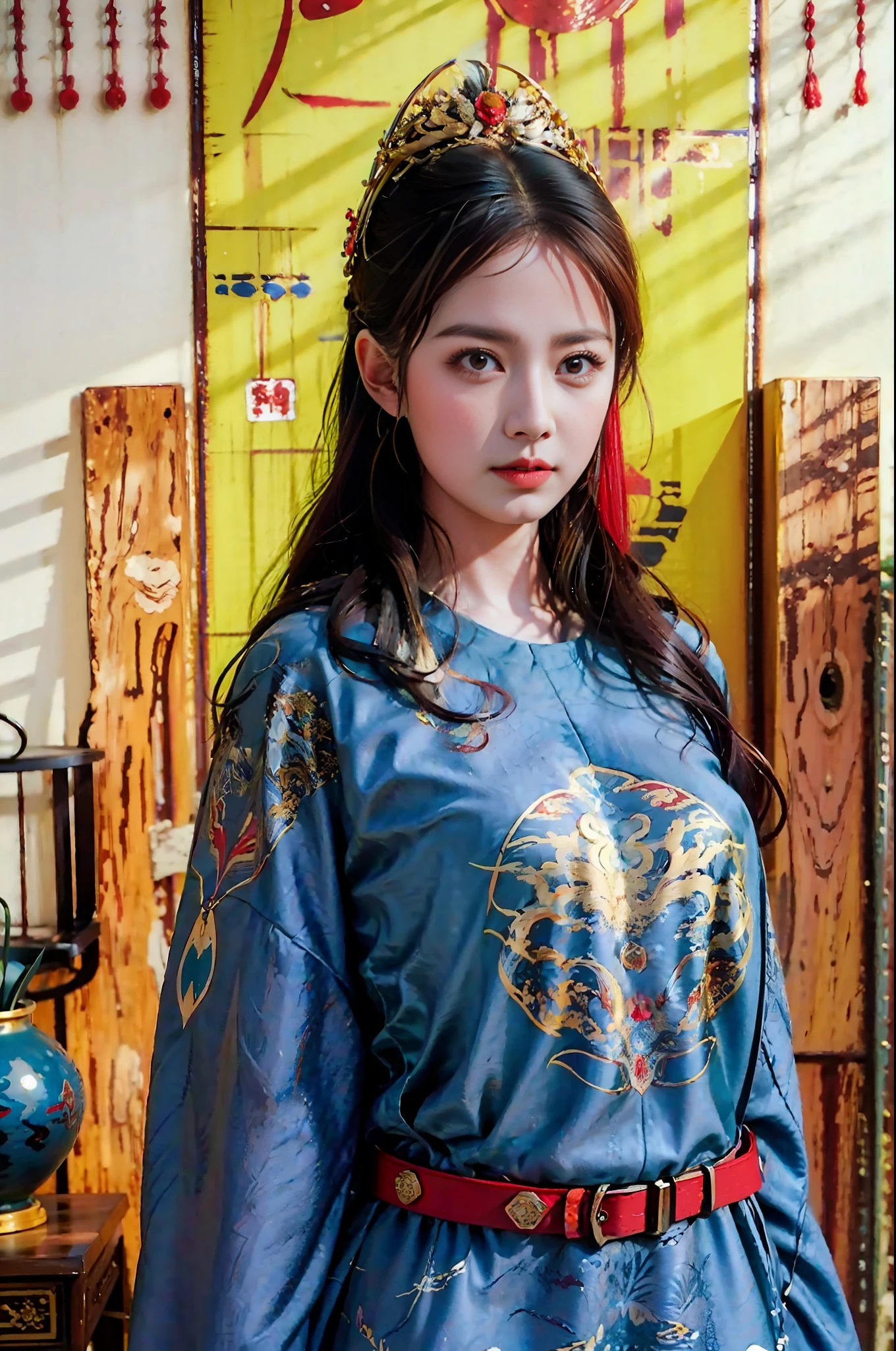 1girl huge large breasts, Long hair, yellow dragon_kaftan, indoor, 巨作, Best quality, Photorealistic, ancient eastern palace,  inside Forbidden City,