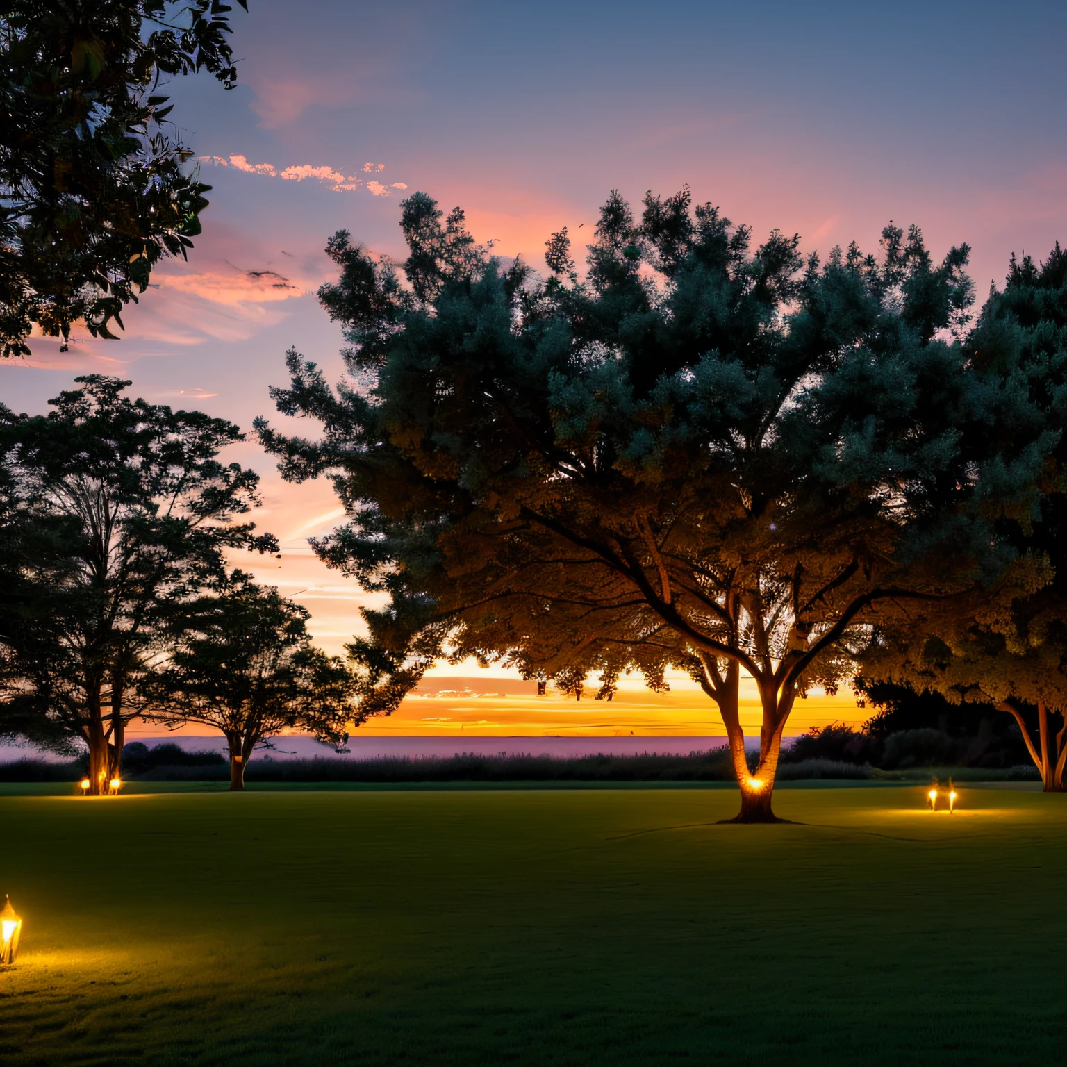 leisure area for lovers with trees lights with sunset read to the horizon clear sky 4k --auto