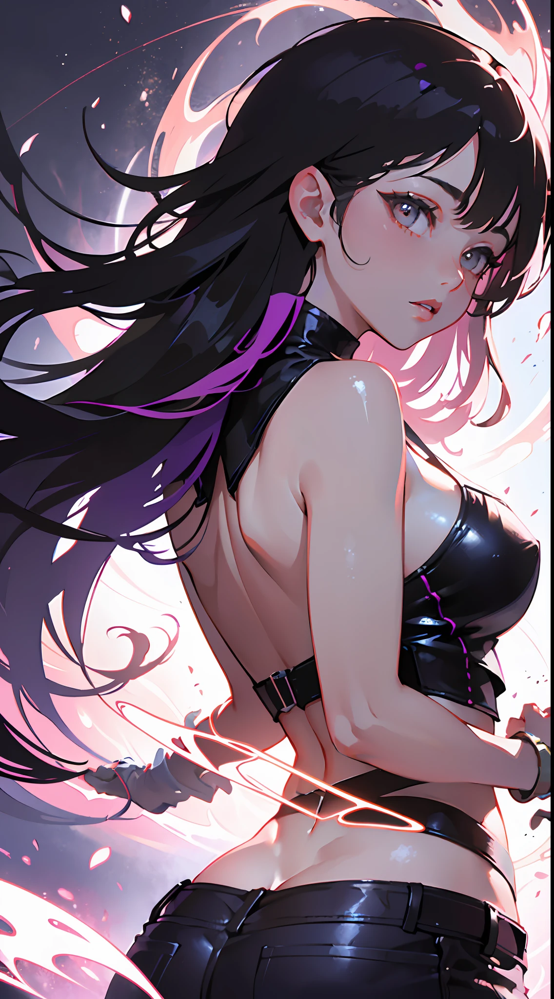 (solo girl:1.2, shot from back, dynamic pose:1.1), (Swirling Large Head:1.3), cinematic shot, dramatic lighting emphasizing shadows, texture-rich details, laser effect to add depth, best quality.