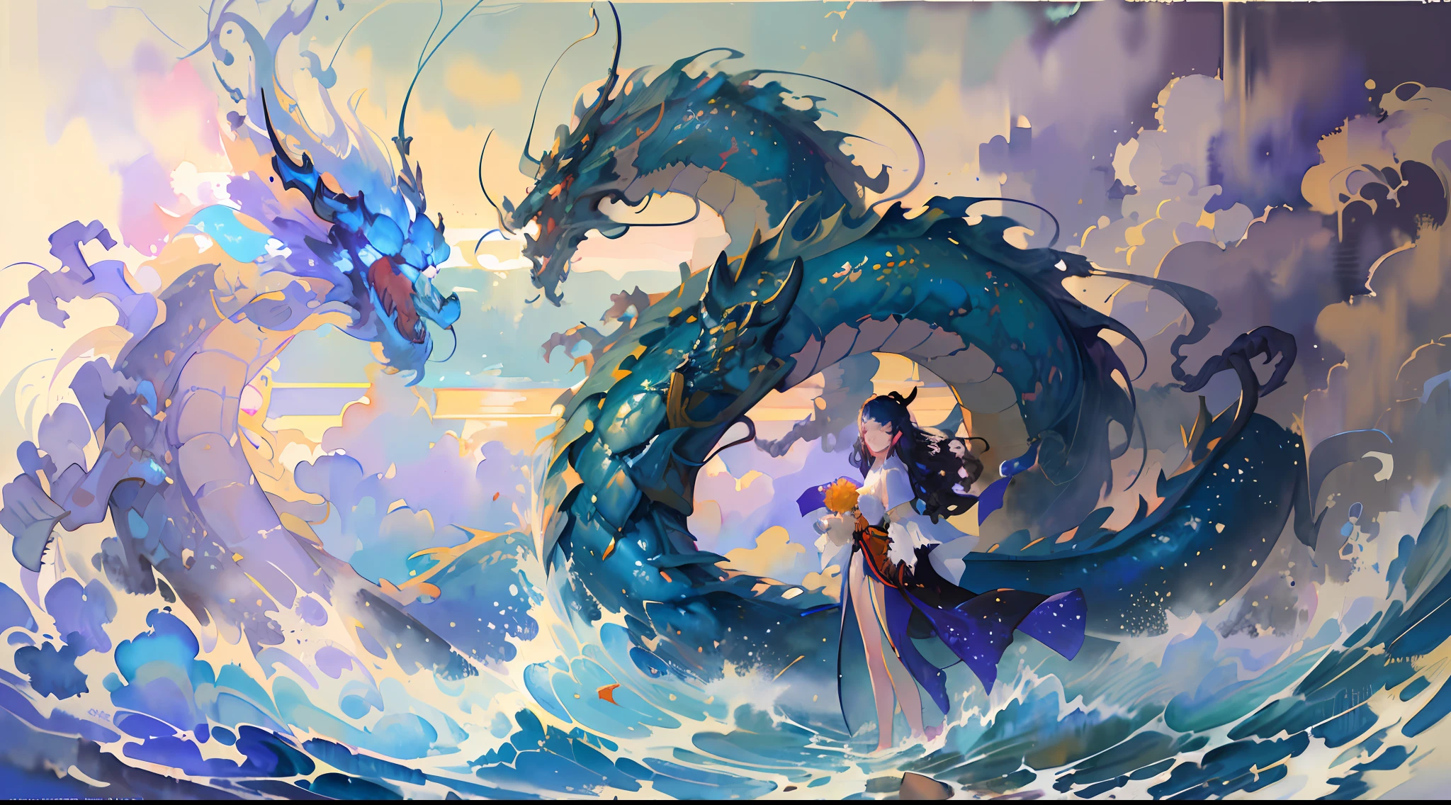 (masterpiece, top quality, best quality,1girl, long hair, (glowing:1.15), (team:1.1), (flowers:1.15), (monarch:1.05),Long coat,surrounded by huge Chinese dragons,dragon open mouse,1girl,solo,light_blue_hair,liquid hair, long hair,floating hair, standing,sundress, liquid clothes, water,waves, tsunami,tide,sea,water dress,fantasy, high contrast,explosions, over exposure, purple and red tone impression , abstract, ((watercolor painting by John Berkey and Jeremy Mann )) brush strokes, negative space,,