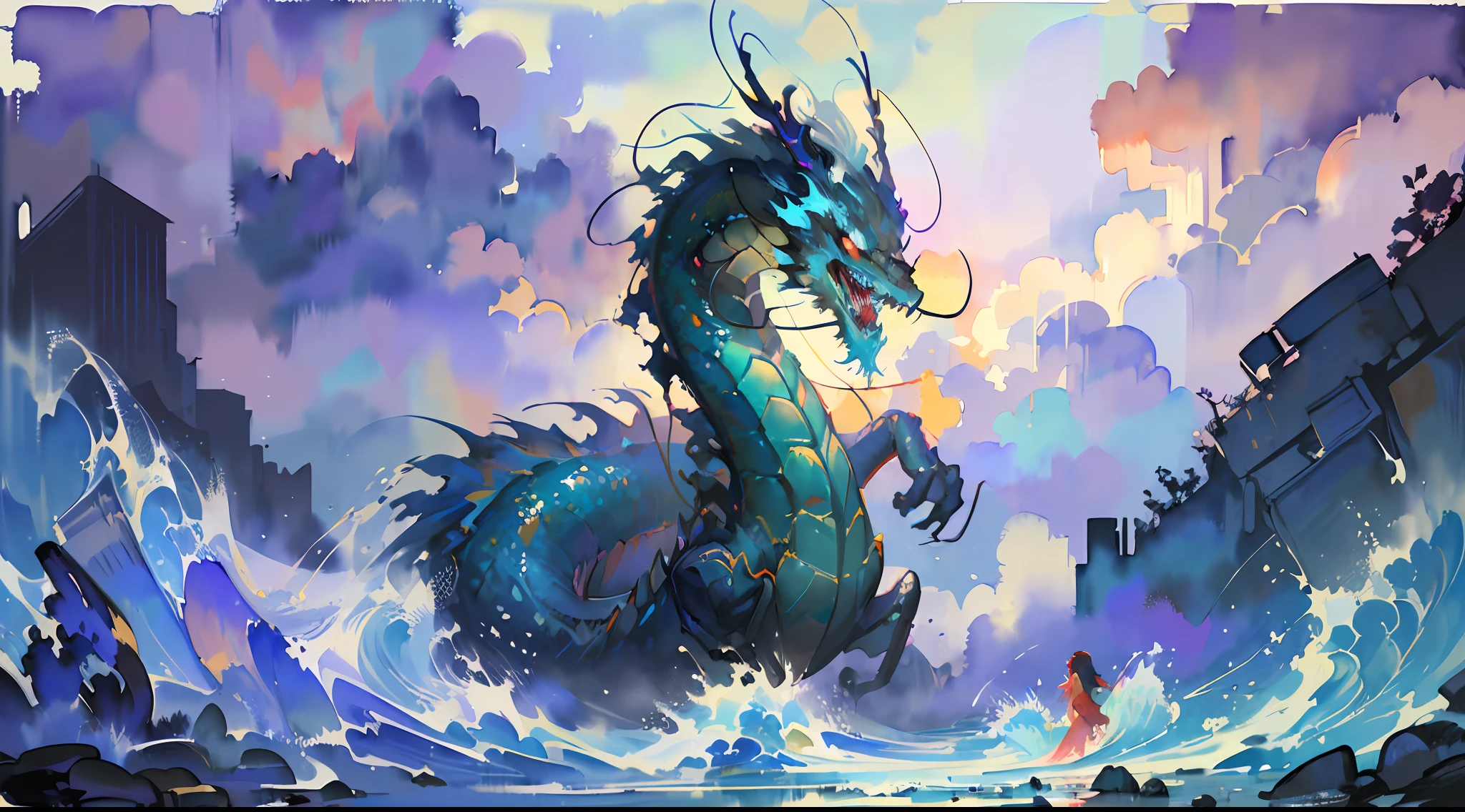 (masterpiece, top quality, best quality,1girl, long hair, (glowing:1.15), (team:1.1), (flowers:1.15), (monarch:1.05),Long coat,surrounded by huge Chinese dragons,dragon open mouse,1girl,solo,light_blue_hair,liquid hair, long hair,floating hair, standing,sundress, liquid clothes, water,waves, tsunami,tide,sea,water dress,fantasy, high contrast,explosions, over exposure, purple and red tone impression , abstract, ((watercolor painting by John Berkey and Jeremy Mann )) brush strokes, negative space,,