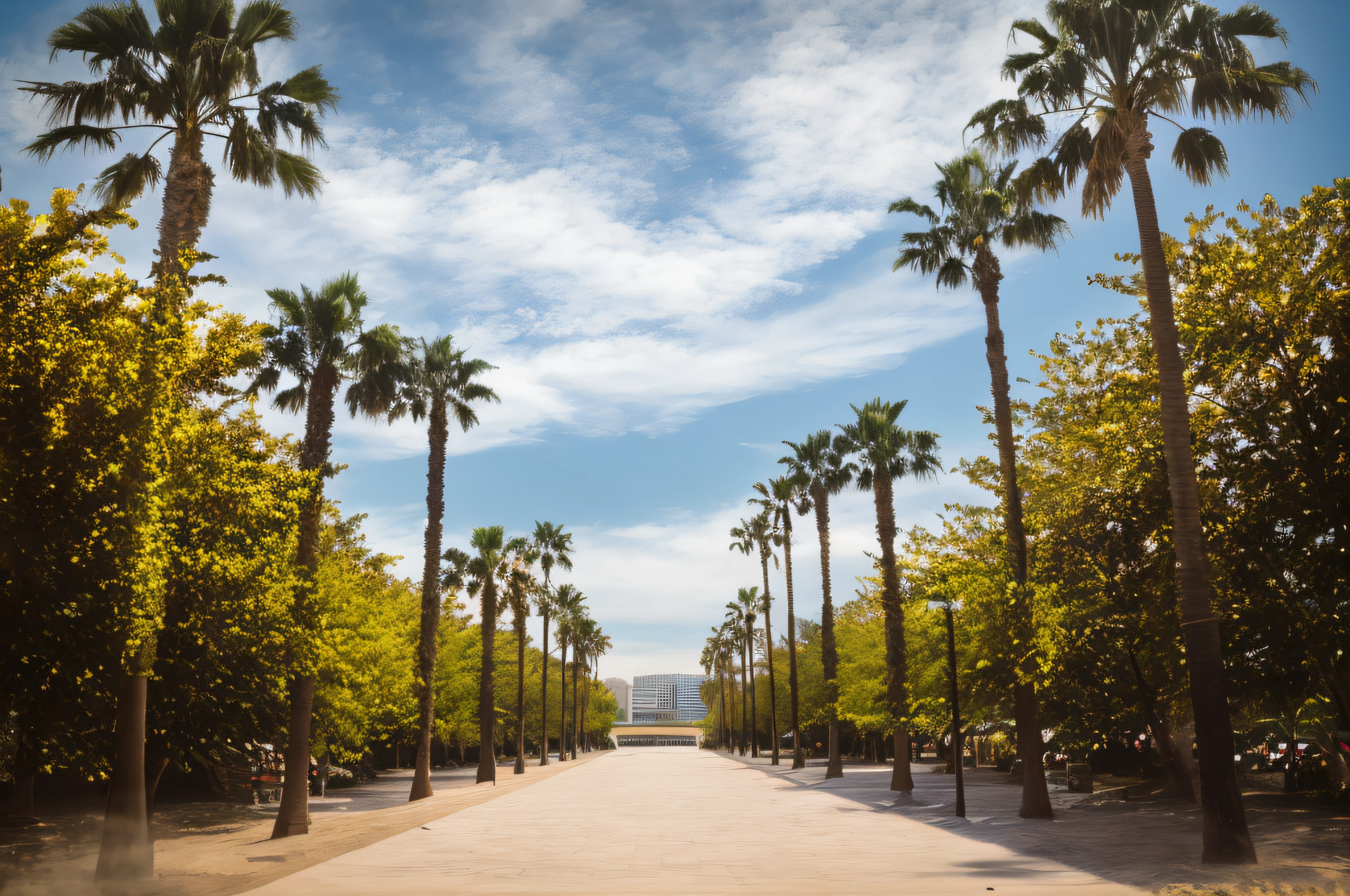 arafed view of a road with palm trees and a fountain in the distance, palm tree in background, sangyeob park, tree palms in background, park landscape, park in background, a park, with palm trees in the back, wide angle photograph, wide angle photograph, park on a bright sunny day, shot on a 9.8mm wide angle lens