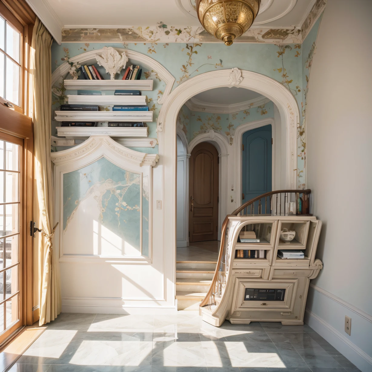 ,巨作, Best quality,8K, superhighresolution,cinmatic lighting,Step into the Mediterranean-style living room,You will be captivated by the charming blue-and-white tones。Sunlight shines through the windows on the sandstone-covered floor,It's like being in a villa in the Mediterranean。Brilliant frescoes and marine element decorations dot the entire space,Brings a sense of tranquility and relaxation。Soft carpets and comfortable sofas are here to enjoy a moment of tranquility。