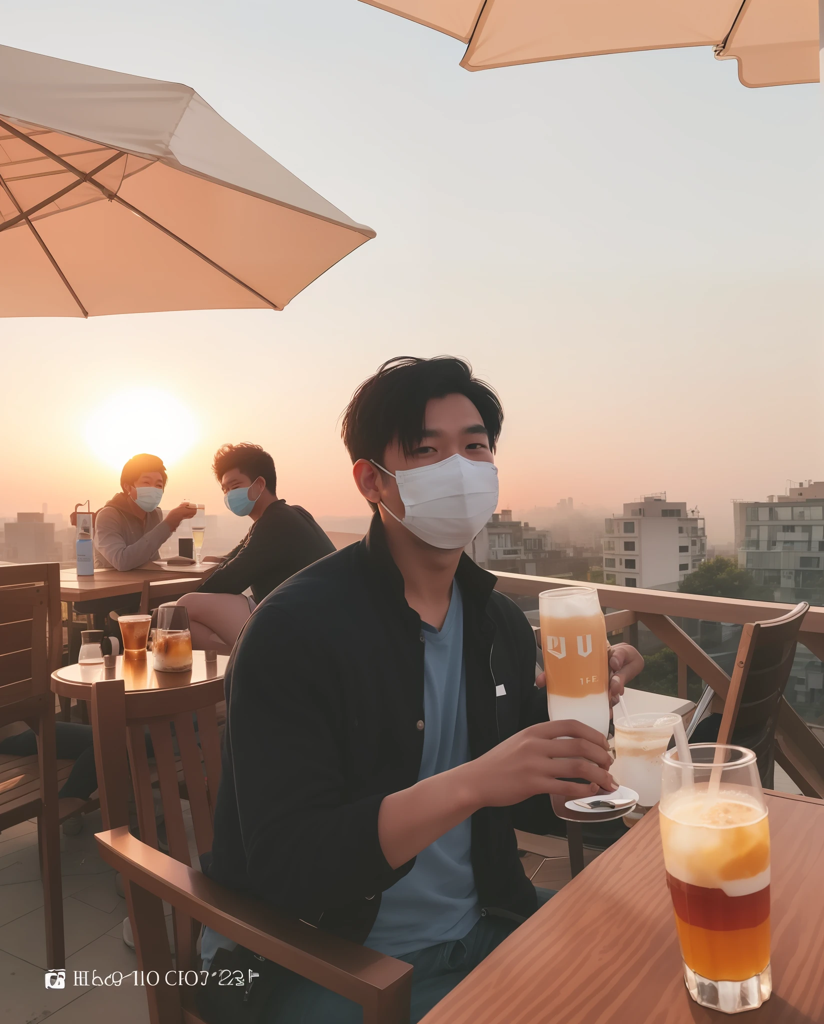 araffe sitting at a table with a mask on and drinking a beverage, with sunset, chill time. good view, haze over the shoulder shot, cafe in the clouds, instagram post, wearing facemask, at the terrace, during sunset, in a sunset haze, thawan duchanee, sitting in a cafe alone, sunset mood, on rooftop
