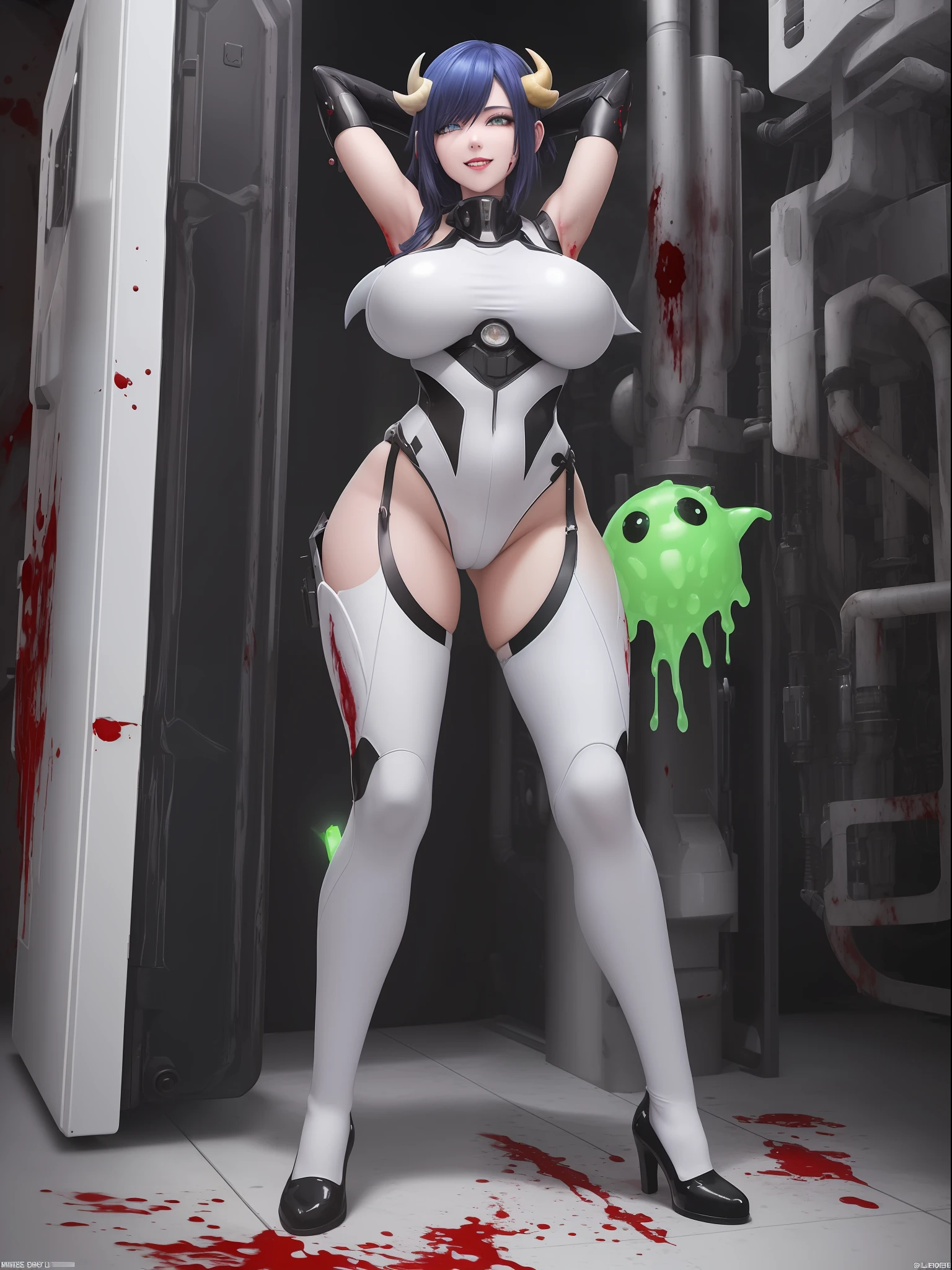 ((full body, standing):1.5), {((Just a Horned Demon Woman))}, {((wearing white mecha suit with extremely tight black body parts)), ((has short mohawk blue hair and green eyes)), ((she has extremely gigantic breasts)), ((blood on her body and on the floor, tattoo on her body):1.3), is looking at the viewer, smiling, ((doing erotic poses, feeling very hot) ), ((on an alien ship, slimes, mutated monsters, machines, equipment, weapons, people))}