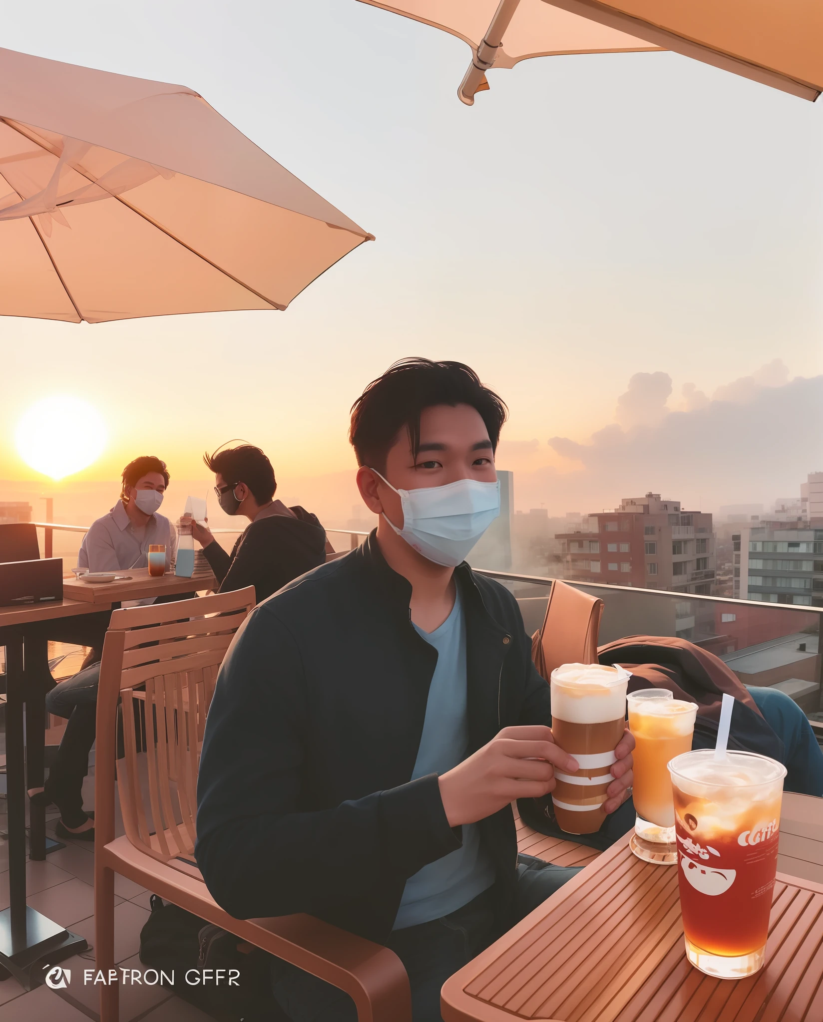 araffe sitting at a table with a mask on and drinking a beverage, with sunset, chill time. good view, haze over the shoulder shot, cafe in the clouds, instagram post, wearing facemask, at the terrace, during sunset, in a sunset haze, thawan duchanee, sitting in a cafe alone, sunset mood, on rooftop
