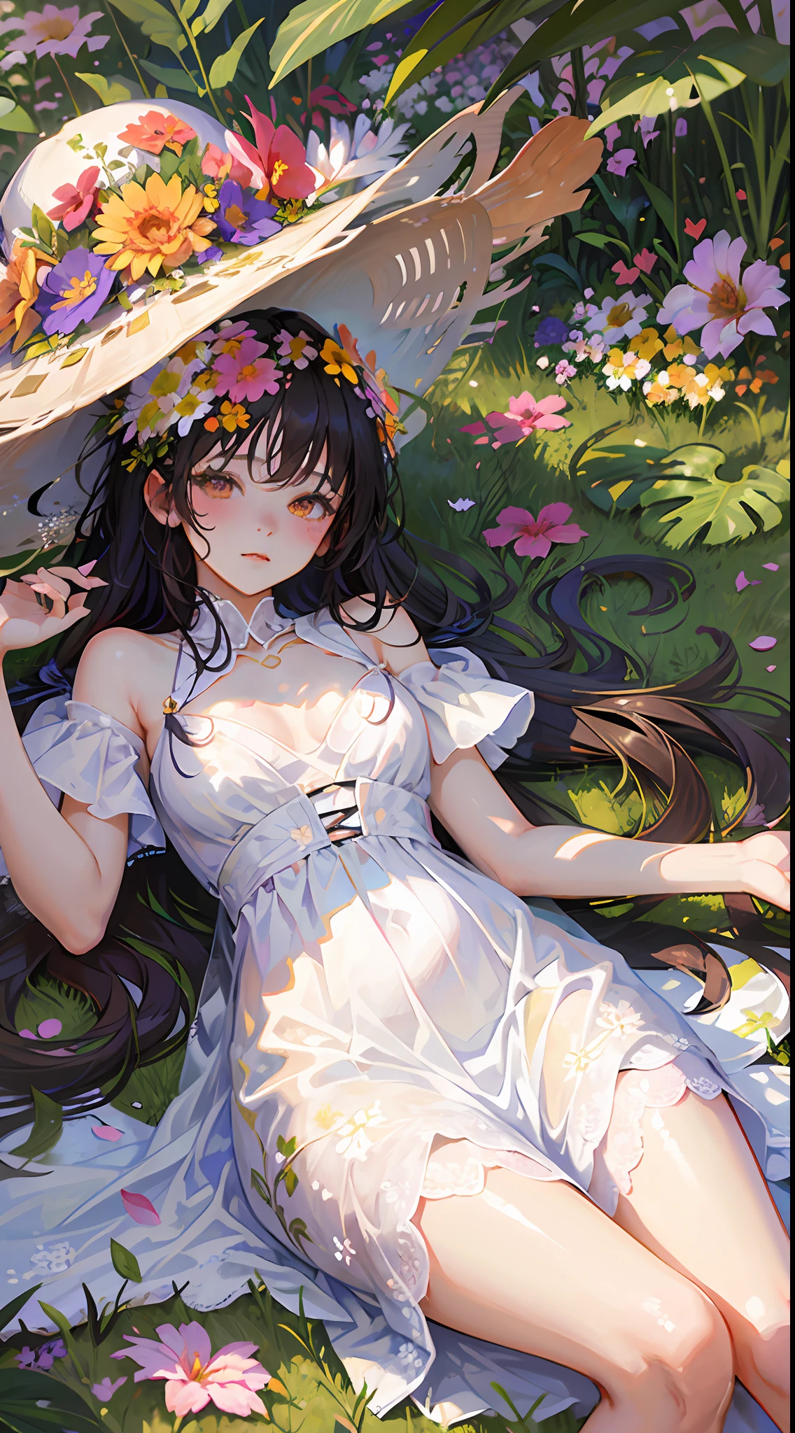 holding petal, flower hat, tropical, falling petals,1girl,long hair,flower mask,(girl lying in a flower field:1.2),heart background, timestamp, hat flower, seasons, emoticon, flower \(symbol\), fine art parody, summer, colorful, flower bed, floral print ,white dress,