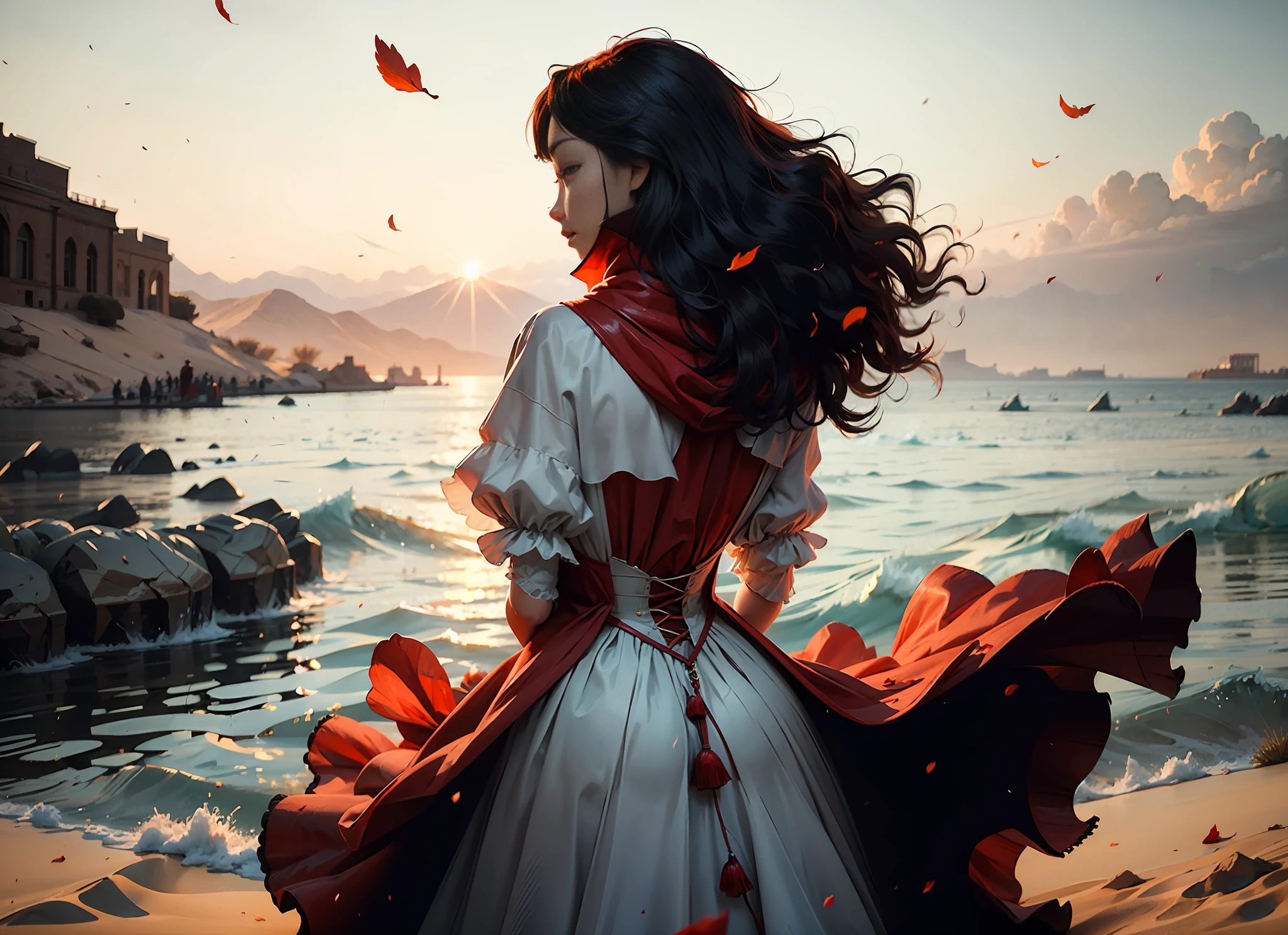 a masterpiece of,Best picture quality;Immortal CG,Extremely fine,8k wallpaper level;Romantic aesthetics,Ultimate purity,Floating screen;Vistas: A bride with her full back to the camera,Dressed in gorgeous period costumes,Wear a red hood,Standing in the picturesque Red Sea of safflower garlic;The sky is covered with red light,It's like a sea of fire,Suffocating。