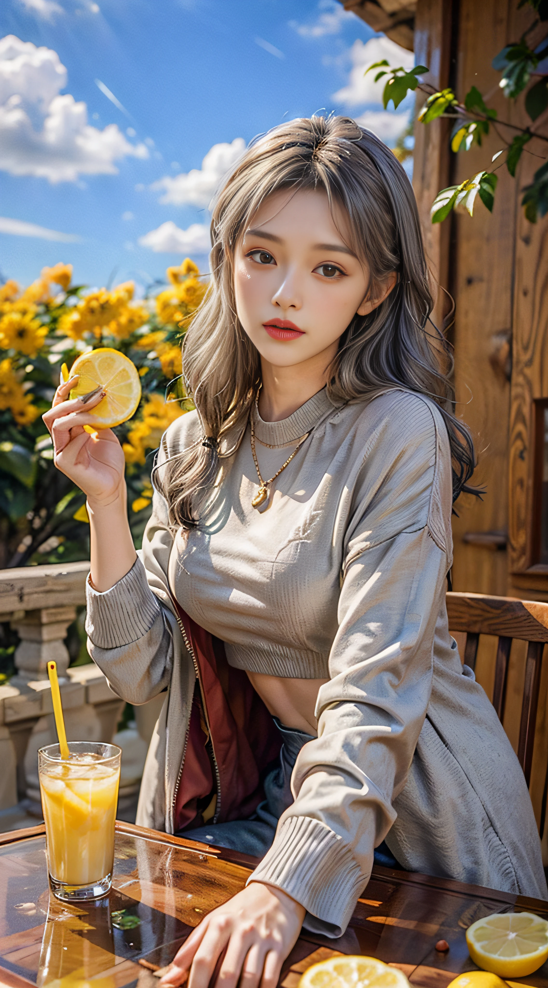 Gray sweater,Burgundy leather coat,Gray hair,Lemon tree in background,Sunny with blue sky,beautiful cloud,Floating lemon slices,A large glass of lemon juice on the table