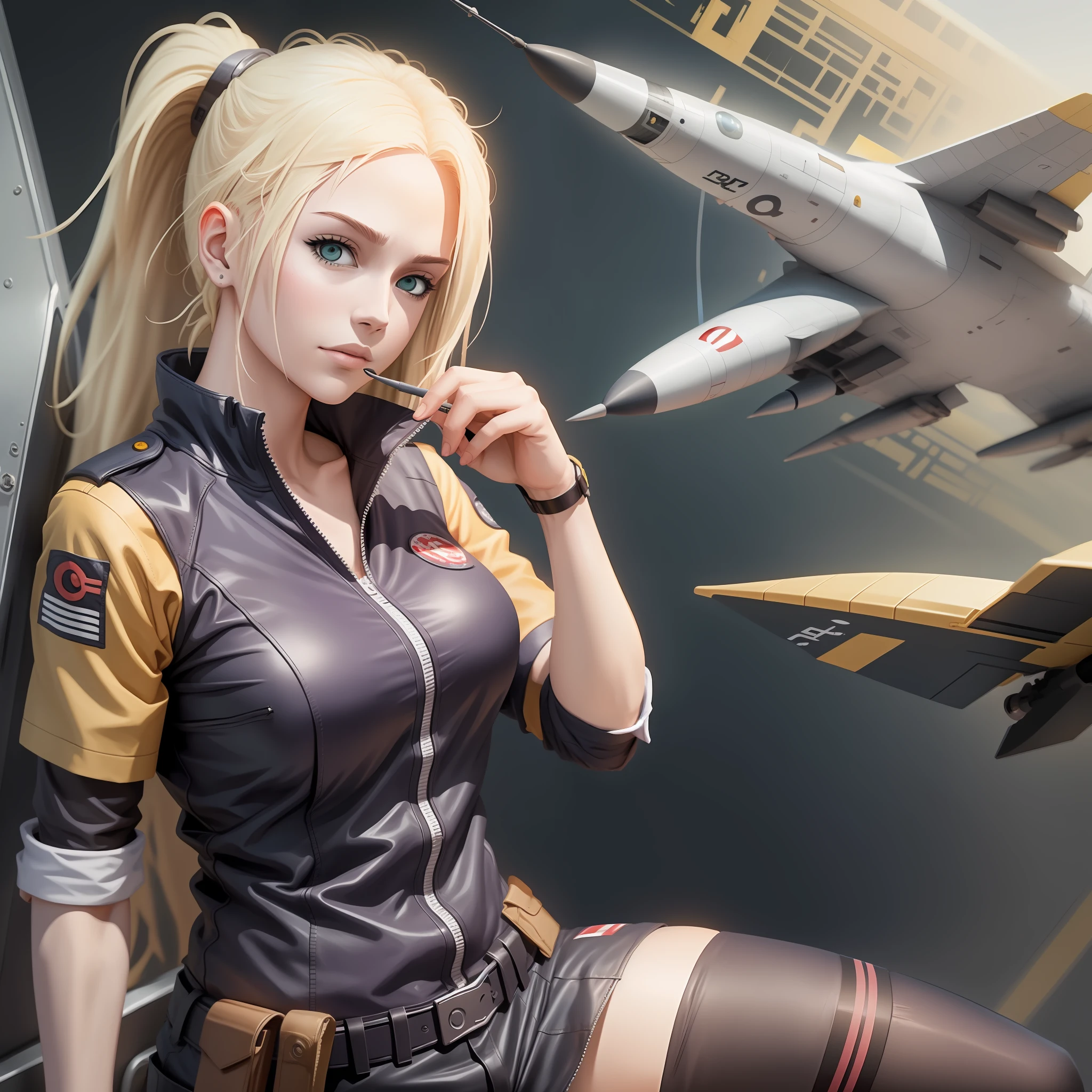 Ino yamanaka (naruto anime ) in pilot uniform , fighter jet in background , full body , seductiv, best quality , masterpiece , 8k , best illustration