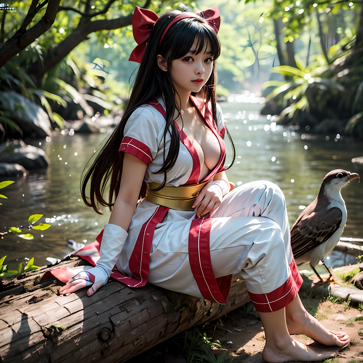 шедевр, beste-Qualit,1girl in, Sitting on a log、Lake under the log、Red bow, the bow, length hair, Hair Bow, ainu clothes, 独奏, Hair Band, a bird, Black-haired, Fingerless gloves, shortsleeves, gloves, Underpants, bangss, red hairband, Brown-eyed, White pants, Komono, Nakoruru, lightl smile, Official art, from front side、From Underneath、(Chest exposure、Naked foot、tiptoes、Sole of one's feet:1.5)、(dynamic angle)、nature backdrop, serve、Onmyoji style、A high resolution、Dramatic lighting and shadows、Solar flares、Blurred foreground、(Film Lighting)、Soft lighting、Cinema tick writing、Dynamic angles
