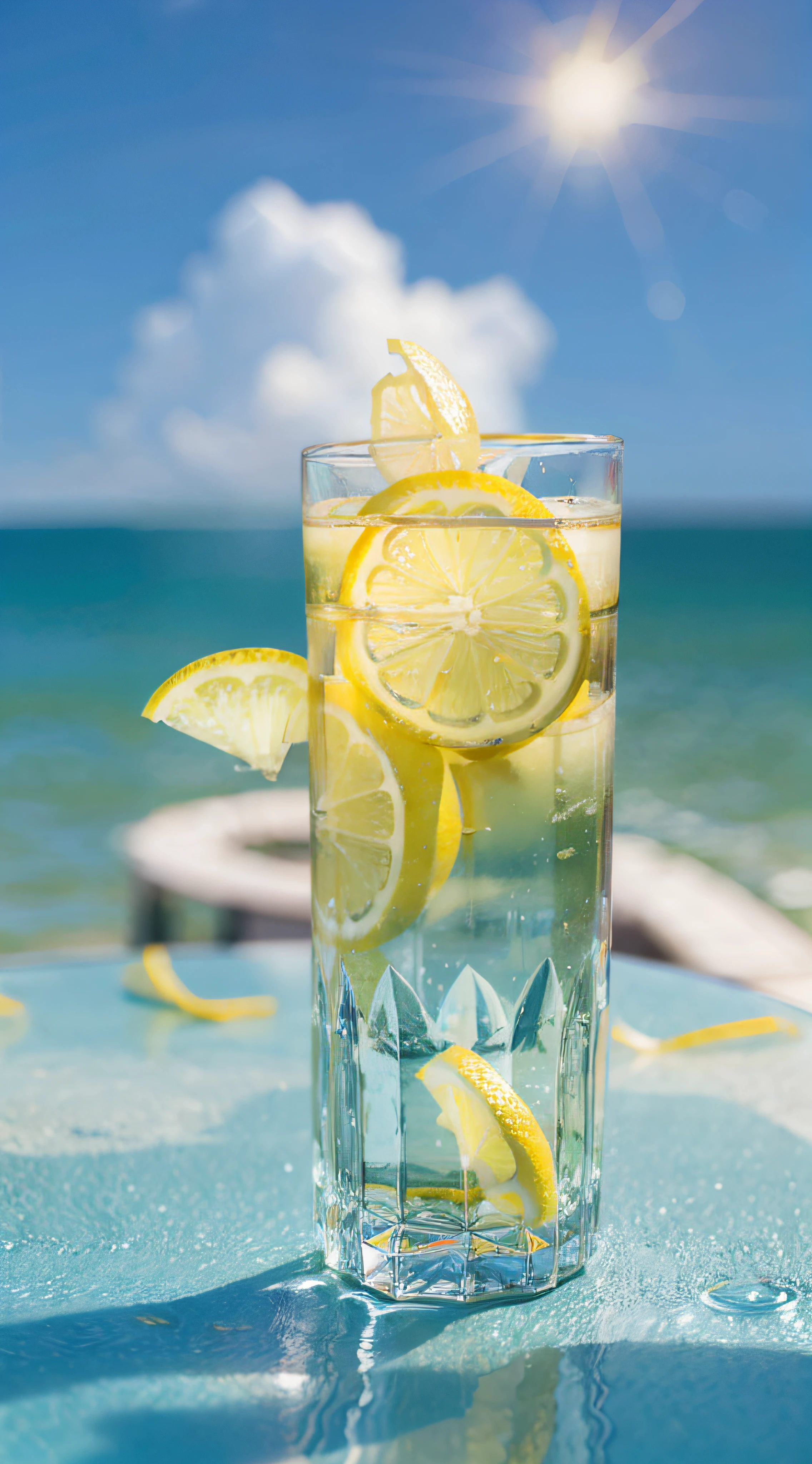 Sunny with blue sky，beautiful cloud，Floating lemon slices，A large glass of lemon juice on the table