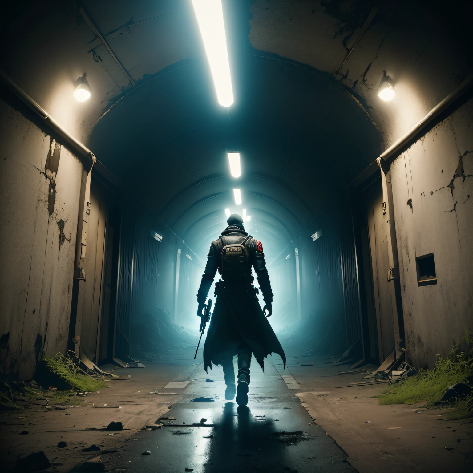 escenario de horror con sangre, Persona entrando al tunel con capucha y mochilla armado. Armas en la mano. Dentro de un tunel grande con miles de zombies atacando. Estilo Resident Evil o Silent Hill. Mostruo en la penumbra al fondo, mucha sangre en las paredes y en el piso