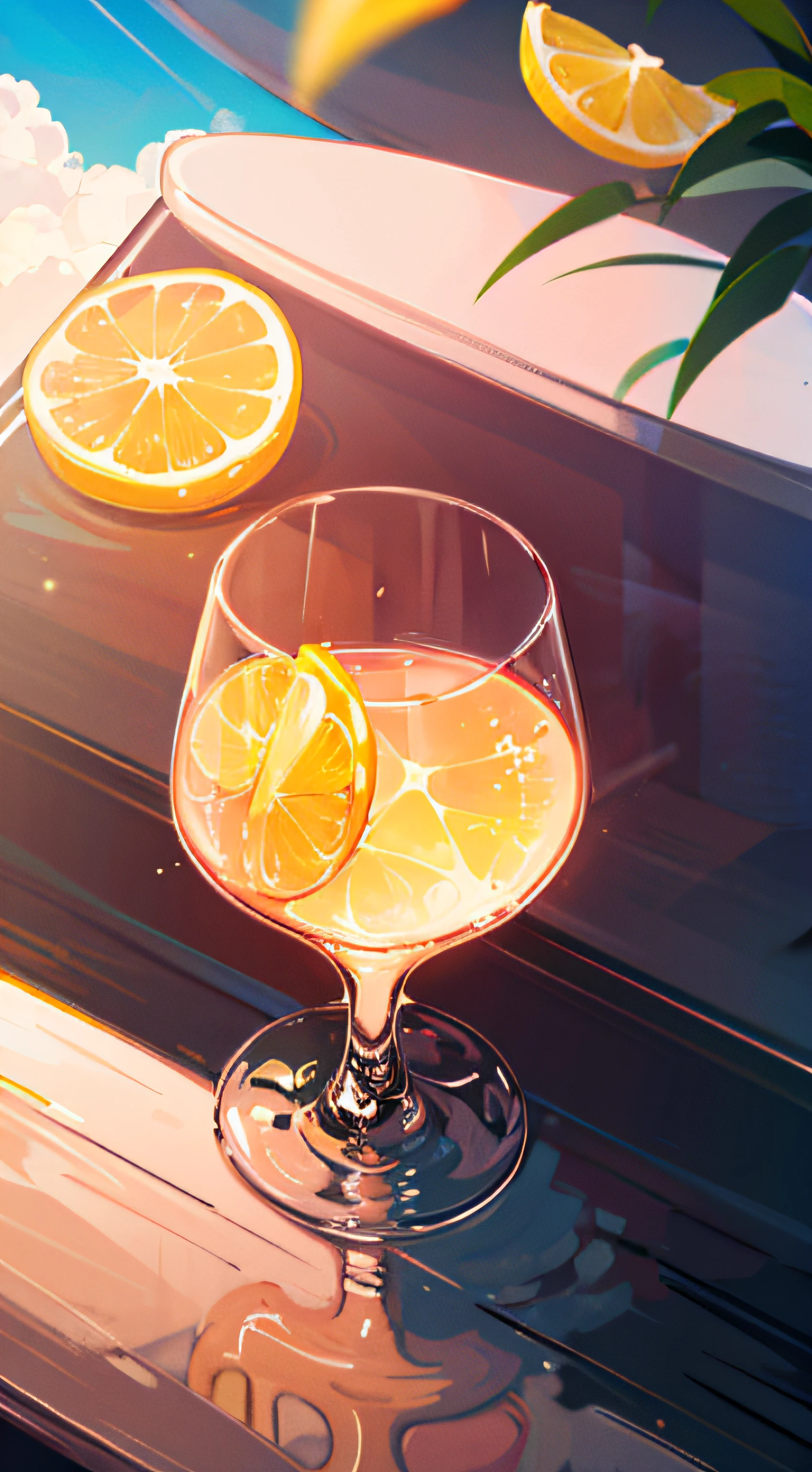 Gray sweater,Burgundy leather coat,Gray hair,Lemon tree in background,Sunny with blue sky,beautiful cloud,Floating lemon slices,A large glass of lemon juice on the table --auto