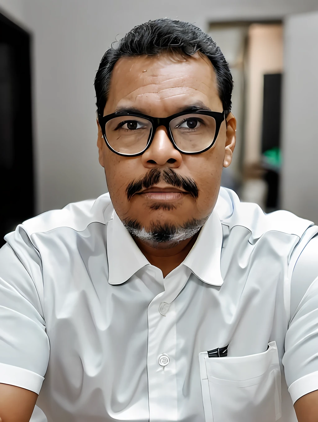 guttonerdvision6, Close-up frontal portrait of a 48-year-old man wearing glasses, semblante serio, maduro, com (((barba de lenhador))), olhos brilhantes castanhos escuros, rosto definido e detalhado, detailed skin with apparent pores, (((vestindo camisa social com gravata))). Photograph for documentation. fundo branco. Iluminacao de estudio. UHD realista. fotografia profissional