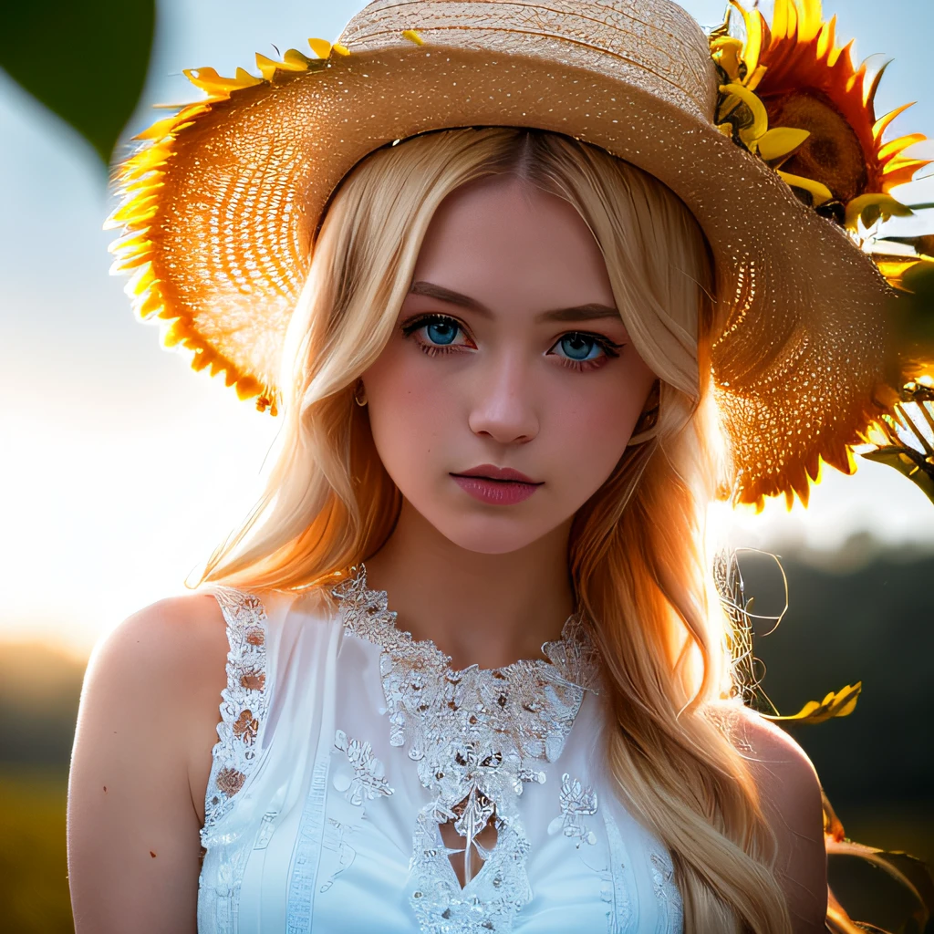 1girl,masterpiece,extremly detailed, ((Cinematic lighting)), ((glowing)), ((dramatic lighting)), ((beautiful detailed glow)), lens flare, long blonde hair, blue eyes, upper body, straw hat , white dress with sunflowers in the background