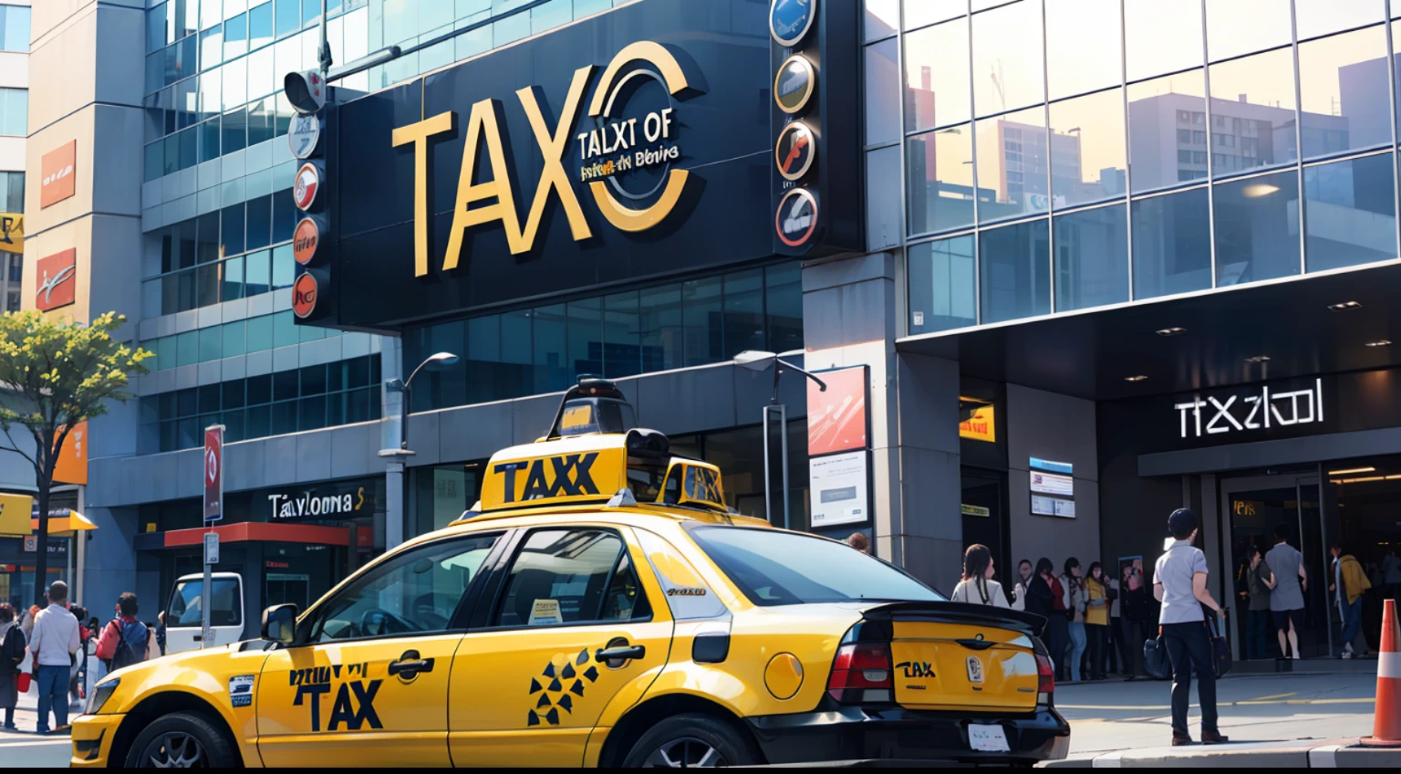 There is a taxi parked in front of the big mall