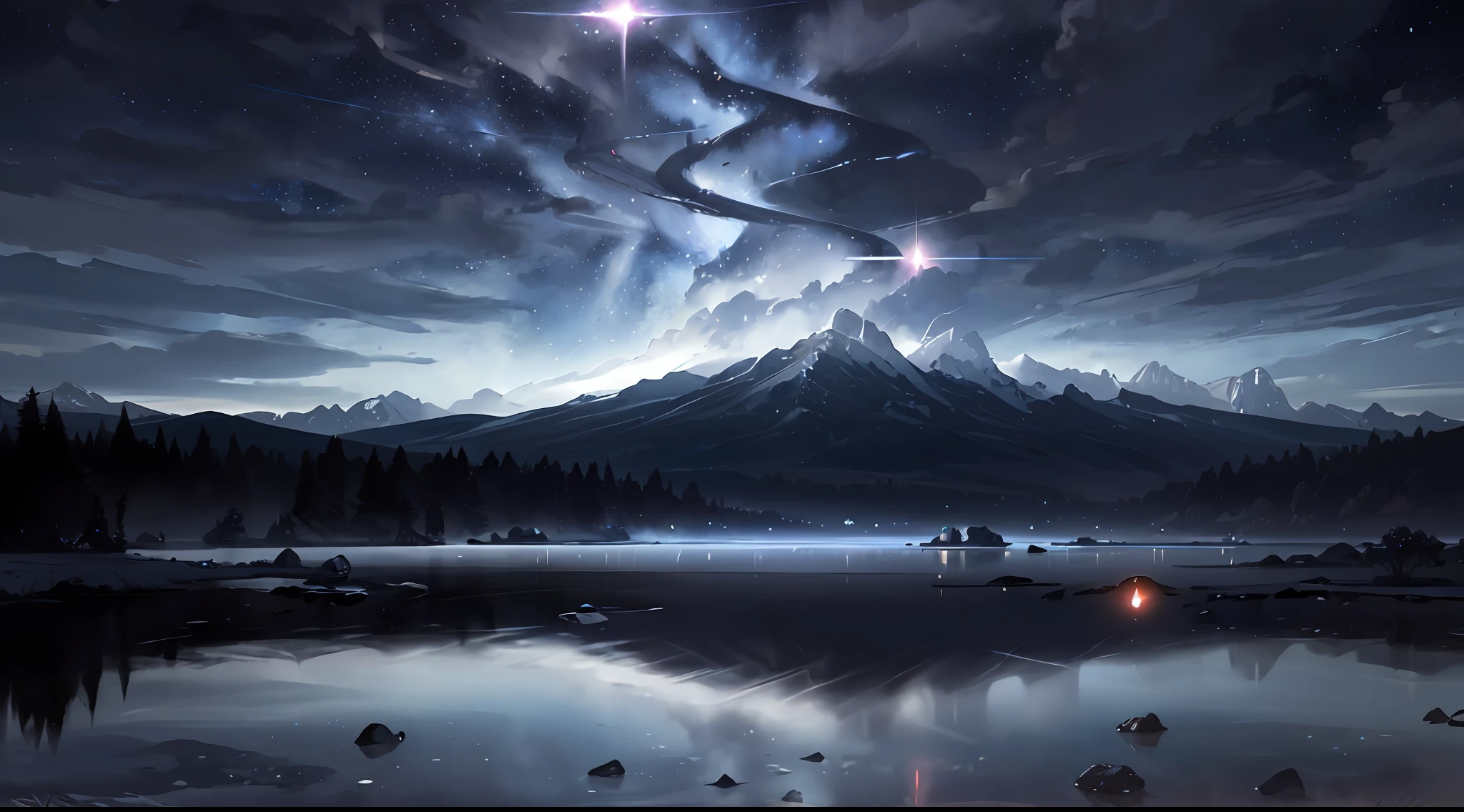 Starry Sky with Mountains and Lake, Jessica Rossier, Inspired by Jessica Rossier, Jessica Rossier Fantasy Art, Concept Art Magic Highlights, Official Artwork, Dream Painting, Ethereal Realm, Atmospheric artwork, dreamy matte paintings, serene endless stars inspired by Ted Nasmith, moonlit starry environments, epic music album covers.