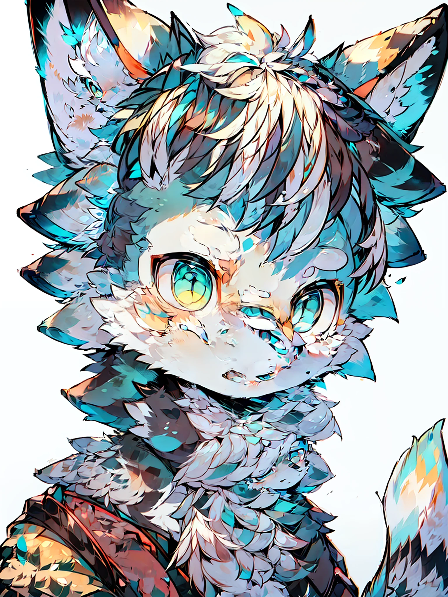 coyote,Blue eyes,blue backdrop,The picture is neat,Off-white hair all over the body,clean and tidy,Look ahead,، simple,Liberal arts teenager,male people,gentleness,White ears,Shut your mouth,glomy,lovly,Dark blue top,Facial features of wolves,Furry,Covered in furry,shaggy,Short Hair Hair,Cute teenager,orthofacial