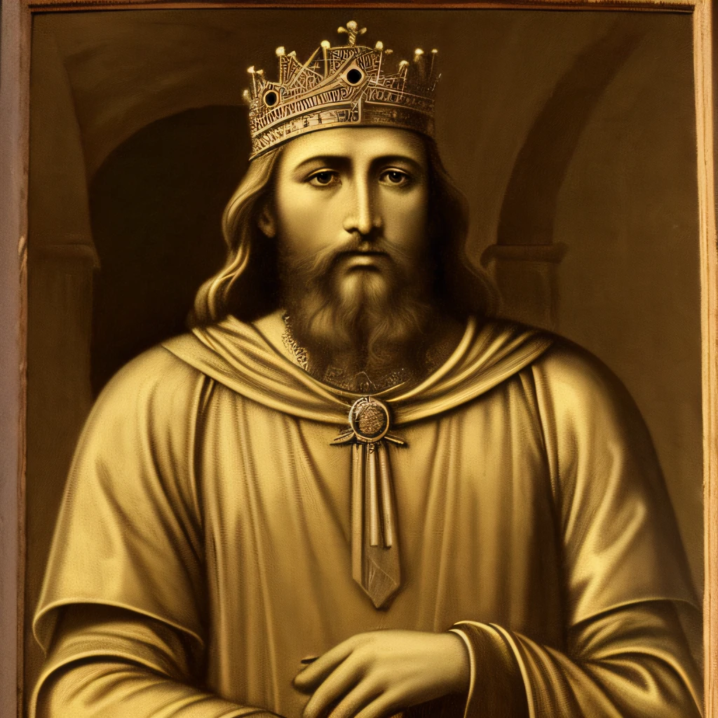 "King Solomon in a position of supplication, olhar deve transmitir de arrependimento. A imagem deve remeter aos tempos medievais, with details that evoke the ambience of Solomon's Temple. Add Gothic elements around King Solomon, como arcos altos e vitrais coloridos, para criar uma atmosfera medieval. The main focus of the image should be the face of King Solomon, capturing his expression of humility and contrition. This representation should be powerful and moving, making clear Solomon's sincere desire for redemption."