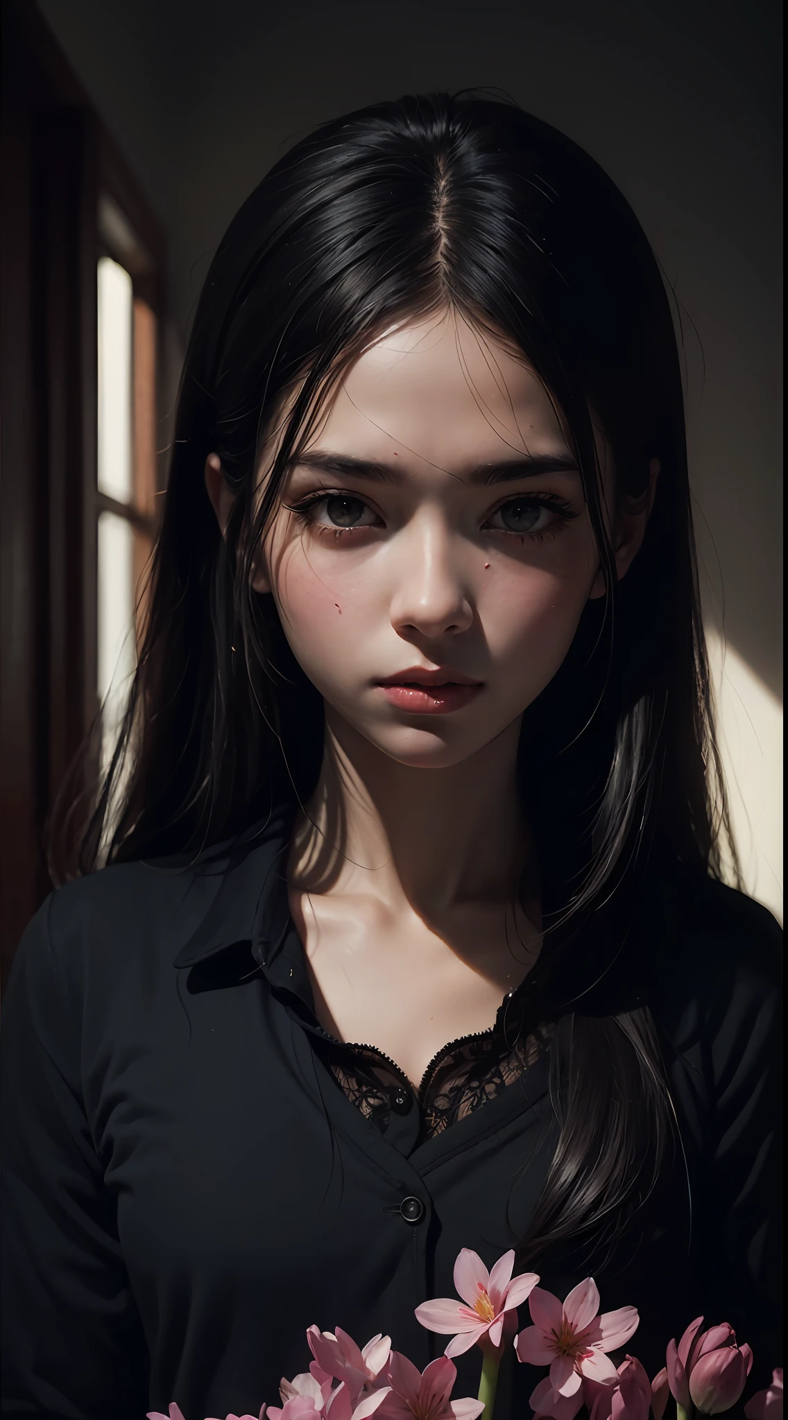((masterpiece, best quality)), 1girl, beautiful detailed eyes, ruby eyes, school uniform, vivid, flower, hyacinth, falling petals, Beksinski, artem demura, an ultrafine detailed painting, neoplasticism,