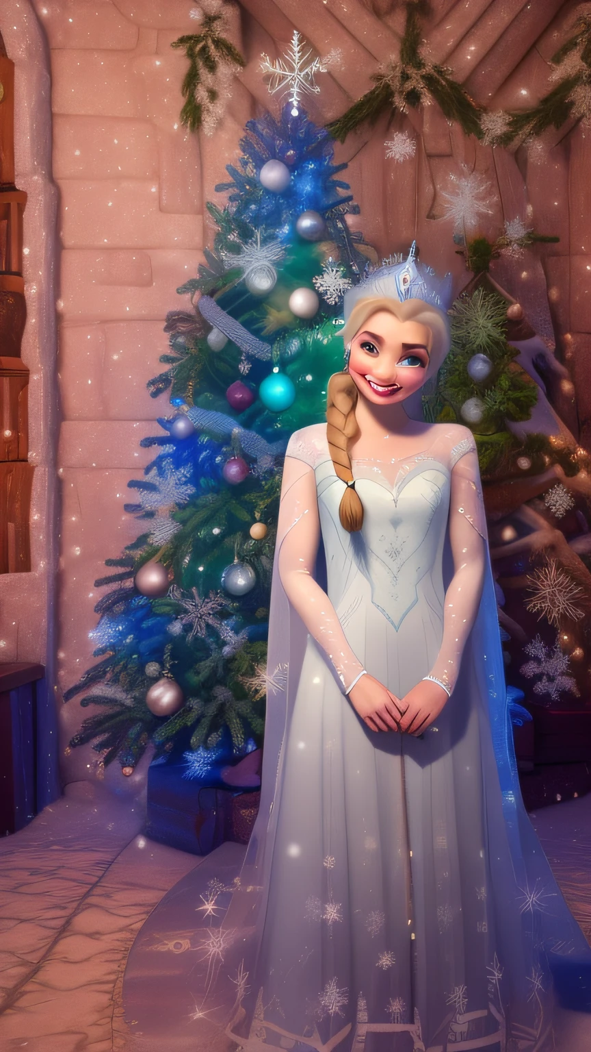 arafed girl in a white dress standing in front of a christmas tree, in the white dress of the snow queen Elsa, as in the cartoon Elsa, sofya emelenko, winter princess, Smiling, As Queen Elsa, Girl photo, ekaterina, ((8K)),