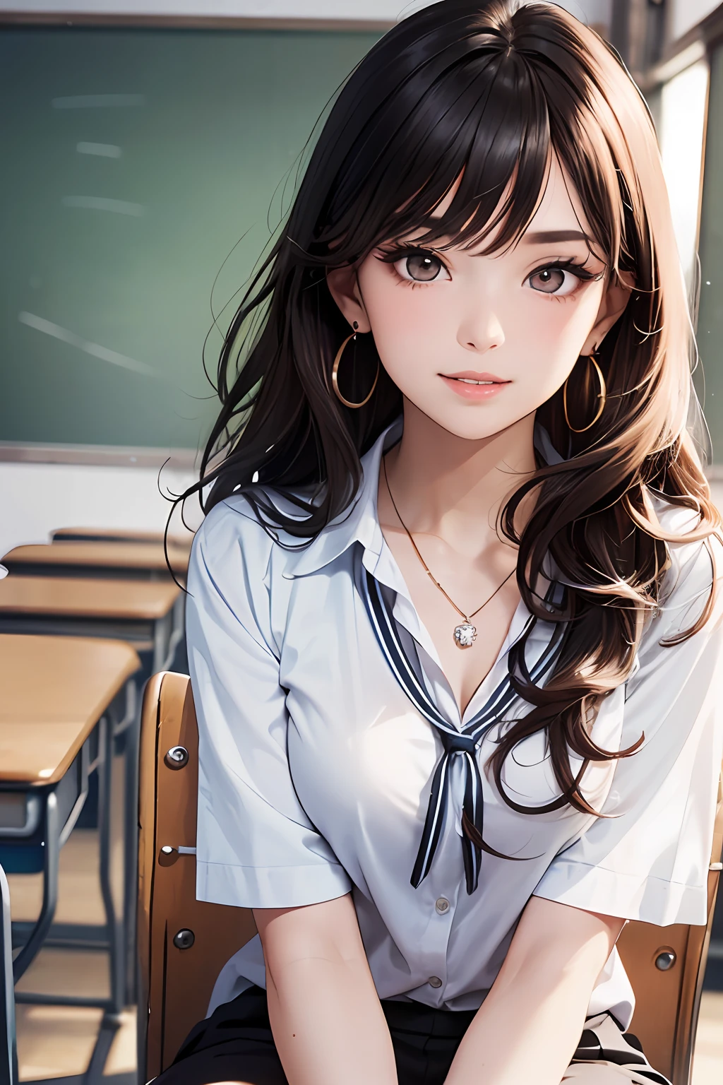 (Masterpiece: 1.3), (Maximum resolution: 1.2), (Ultra HDTV: 1.2), Cinema light, Ultra HDTV, (Detailed eyes and skin), (Detailed facial features), HDR, 8k resolution, Sharp Focus: 1.2, Perfect style, beautiful face, accurate, anatomically correct, highly detailed face and skin texture, detailed eyes, brown eyes, double eyelids, thin eyebrows, glitter eyeliner: 1.2, natural cheeks, glossy skin, fair skin: 1.2, shiny little necklace and earrings, (glossy lips: 1.4), BREAK, first-person-view, Wearing a High school uniform, (seductive smile: 1.2), Innocent and Cute girl, (layered Hairstyle, wavy hair, Light-brown hair, bangs flowing diagonally), medium long hair, (Full body shot: 1.2), focus on face, ((Very intimate relationships: 1.2)), (medium large breasts), (((In the classroom: 1.2)), ((Sitting on the school chair with one's legs crossed:1.4)), (Staring at me)), from the side, ((Many other students are talking around us:1.2)),