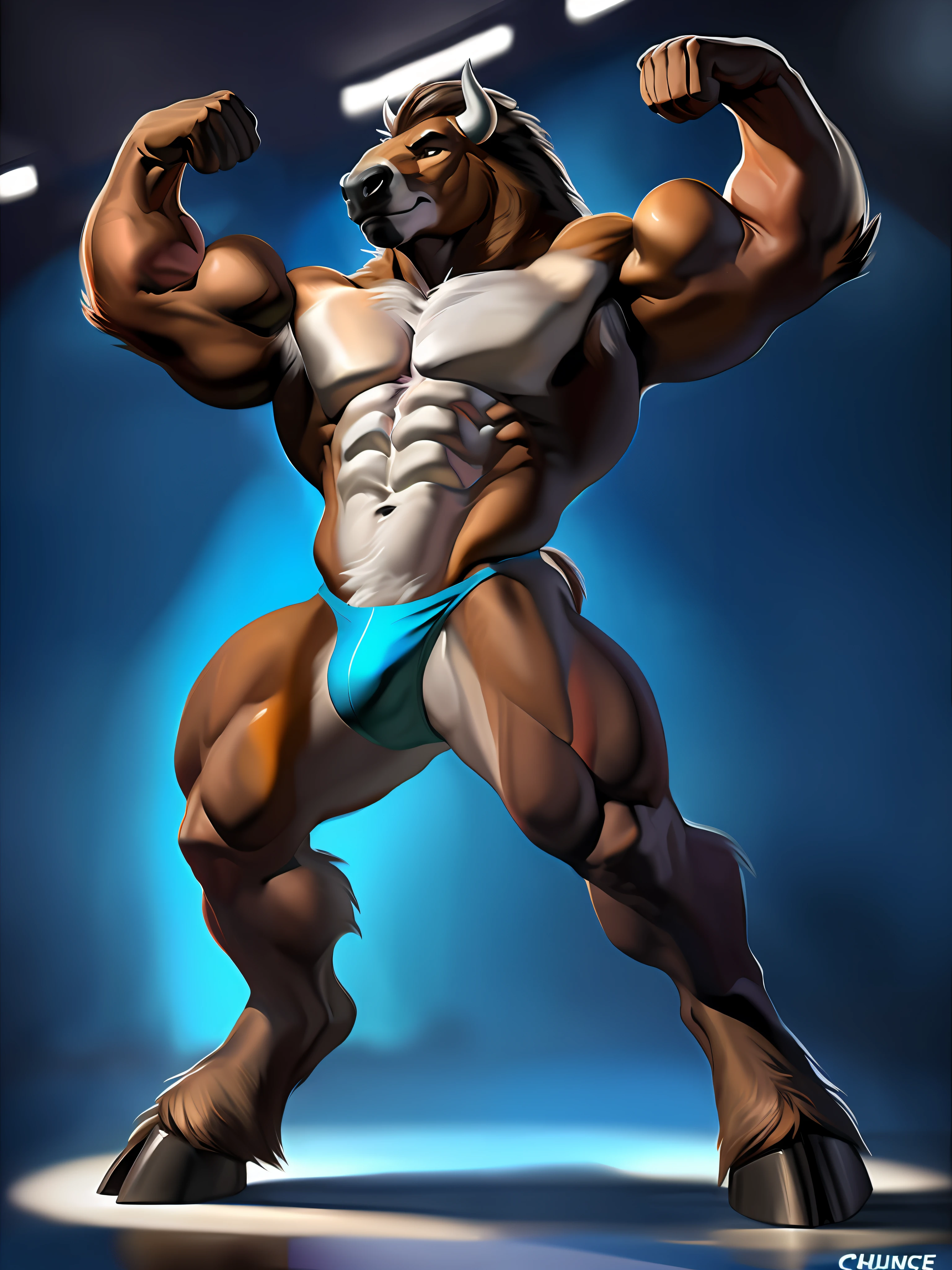 4k, high resolution, best quality, perfect colors, perfect shadows, perfect lighting, posted on e621, furry body, solo, anthro bison, bison tail, male, (middle-aged:1.2), full height, brutal, (very muscular, abs, massive build, manly, beefy:1.2), bare torso, correct anatomy, (photorealistic fur:1.4), detailed bottomless background, venue background, flashes, bodybuilding contest, (correct hands), artificial lighting, (by Chunie), posing, (both biceps flexing:1.4), hooves, (posing thong:1.2), bulge, oiled fur, view from below