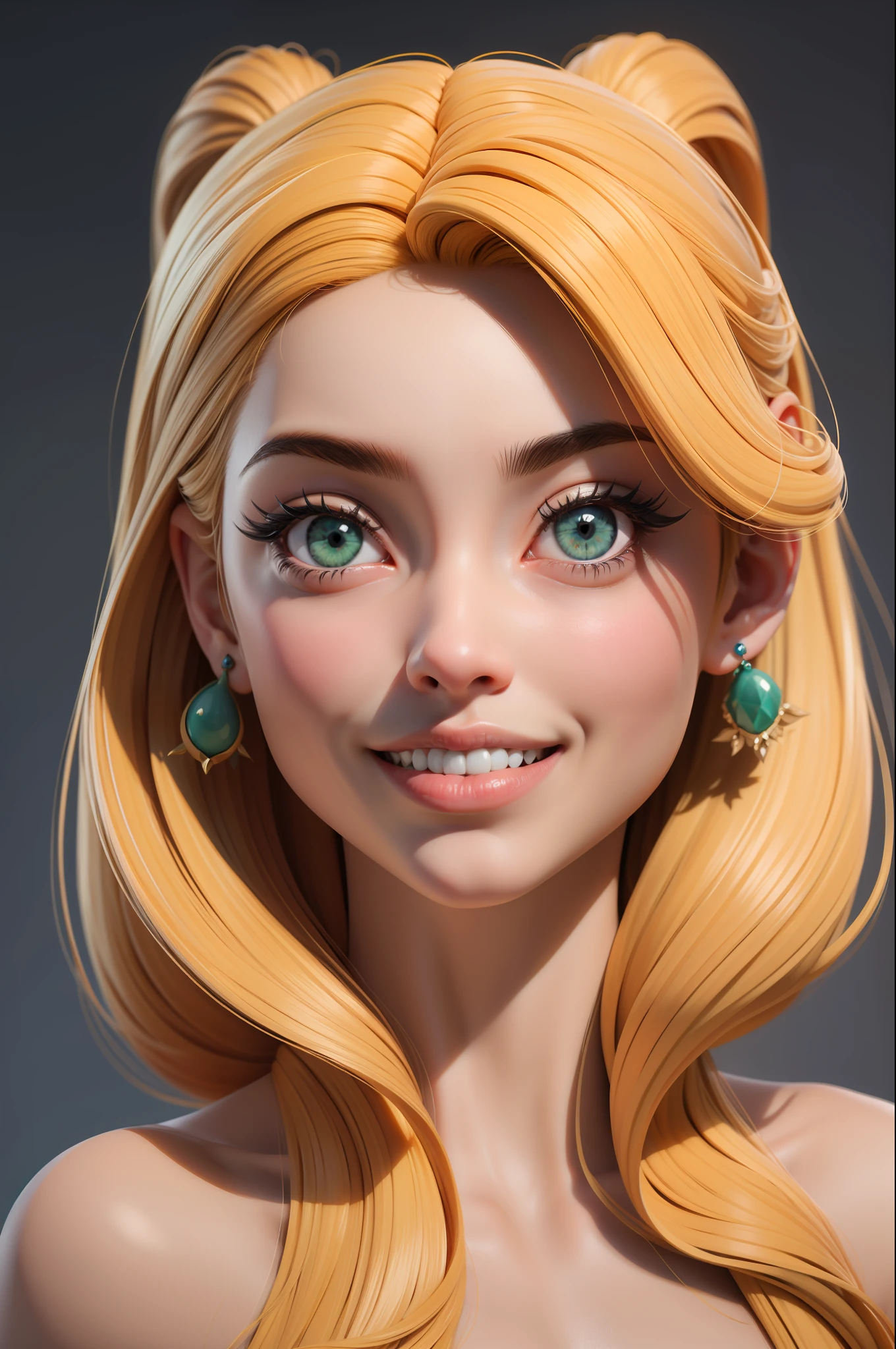 Masterpiece, best quality, Rendering job ..3d, Estilo ..3dMM, ..3d, 1Menina, somente, cabelos amarelos, Sardas, jewelries, Olhando para os lados, Realistic, Comprimento total, fundo simples claro, franja amarela, Desviando o olhar, cabelos longos, separated-lips, olhos verdes, Gargantilha, maquiagem, roupa rosa sorrindo, Dentes bonitos, sapatos amarelos