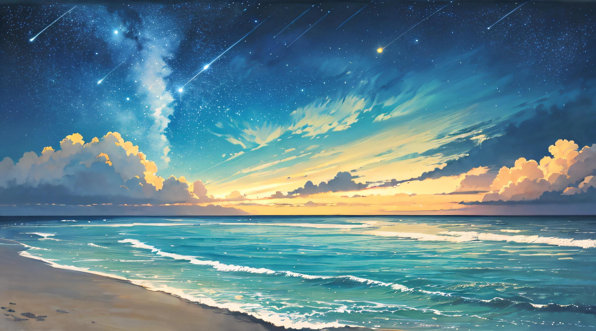 calm sea, crystal clear sea, white sand, resort, (starry sky: 1.2), ((natural lighting)), clear focus, (long shot: 1.1), watercolor, painting, (summer: 1.2), incoming clouds, horizon