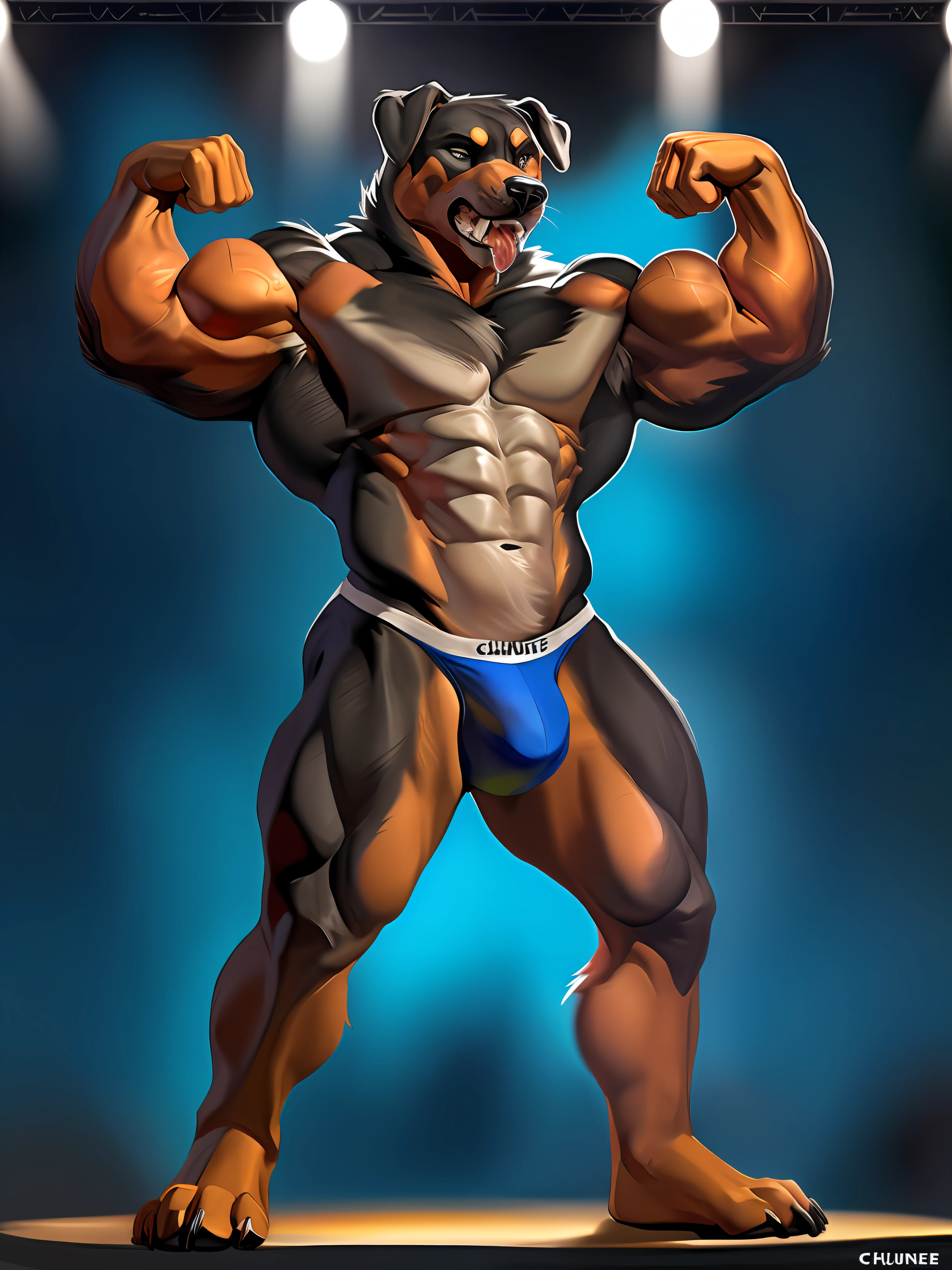 4k, high resolution, best quality, perfect colors, perfect shadows, perfect lighting, posted on e621, furry body, solo, anthro Rottweiler, dog, male, (middle-aged:1.2), full height, brutal, (very muscular, abs, massive build, manly, beefy:1.2), bare torso, correct anatomy, (photorealistic fur:1.4), detailed bottomless background, venue background, flashes, bodybuilding contest, (correct hands), artificial lighting, (by Chunie), posing, (both biceps flexing:1.4), (posing thong:1.2), bulge, oiled fur, (growling, salivating), view from below