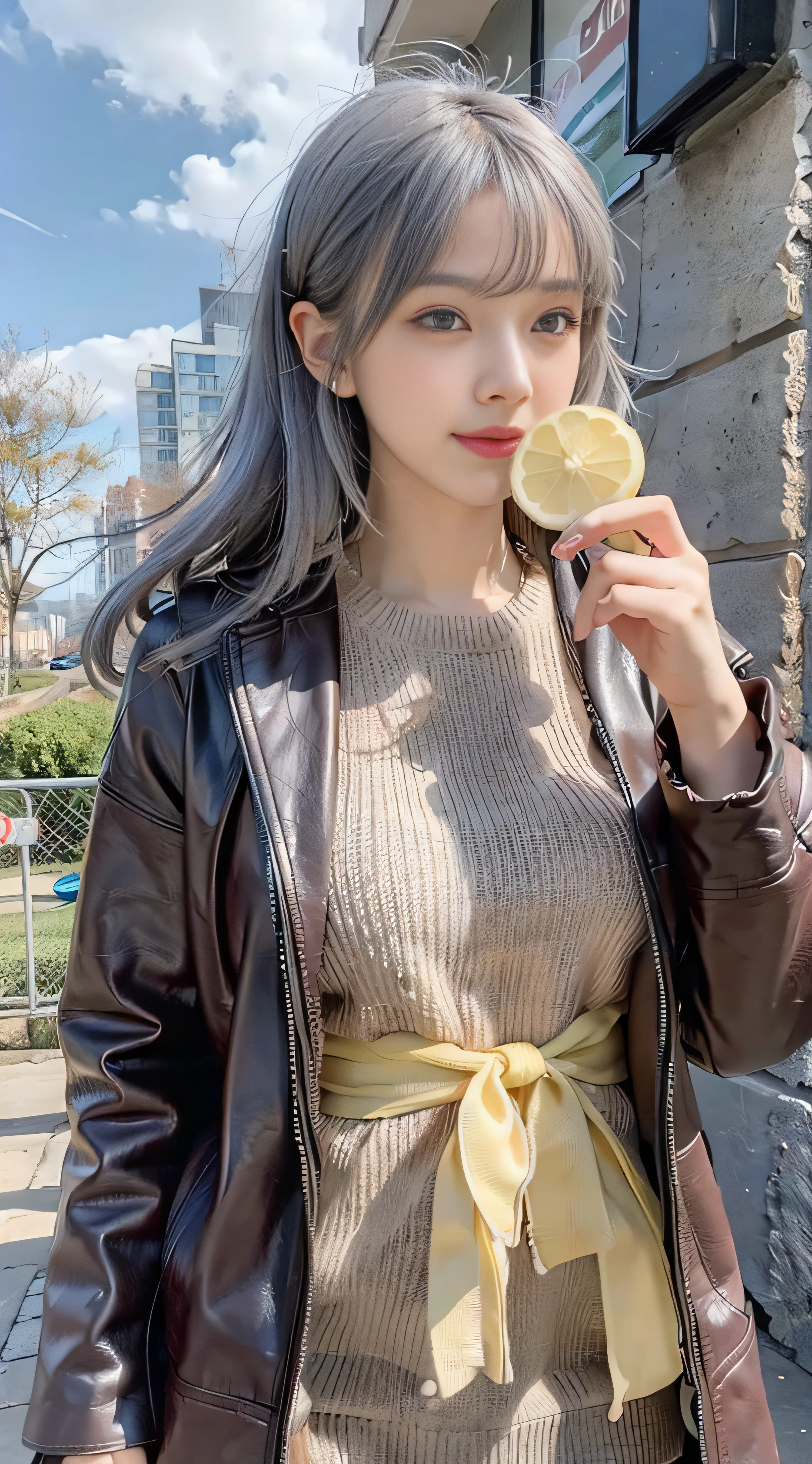 Gray sweater,Burgundy leather coat,Gray hair,Ethereal atmosphere,lemon,lemon juice,Sunny with blue sky,beautiful cloud,Whole lemon