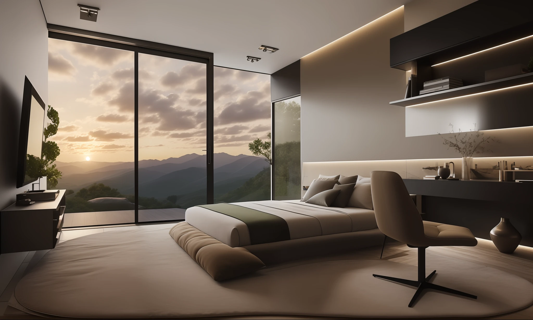 (breathtaking landscape:1.1), best quality, hyper-detailed,(best quality:1.2, hyper-detailed:1.1, awe-inspiring landscape:1.1), Best quality, master picece, hyper detai, ((best illumination, modern bedroom:1.2, minimalist aesthetic:1.1, sleek design:1.2, stylish design:1.1, refined:1.2, gentle lighting:1.1, impactful:1.1))