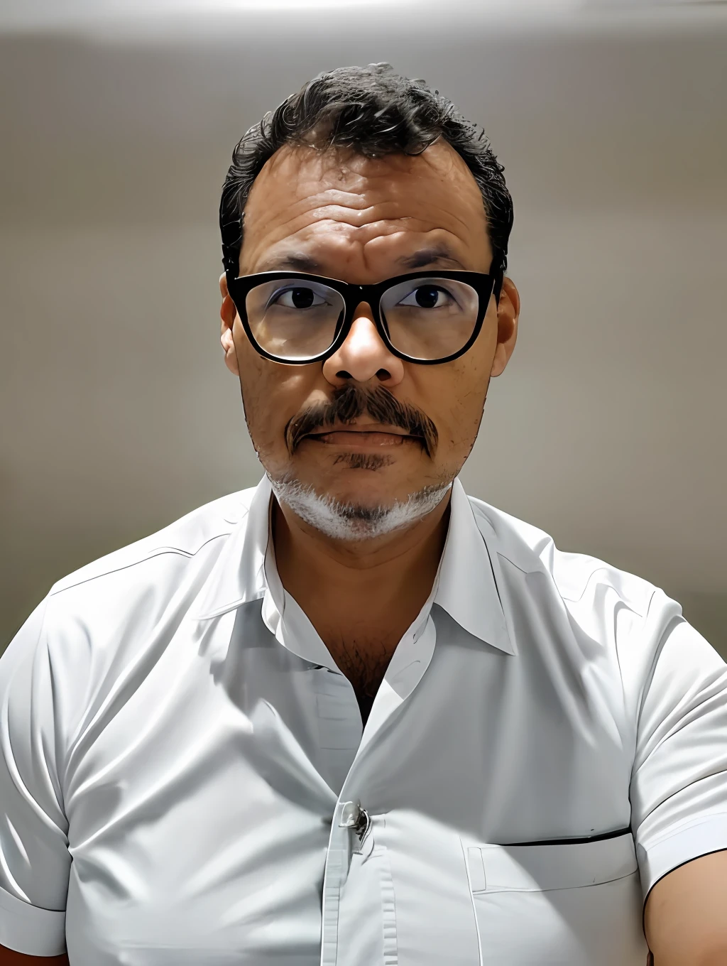 guttonerdreliberate1, Close portrait of a 48-year-old man wearing glasses, serious countenance, com (((barba de lenhador))), olhos brilhantes castanhos escuros, rosto definido e detalhado, detailed skin with apparent pores, (((vestindo camisa social com gravata))). Photograph for documentation. fundo branco. Iluminacao de estudio. UHD realista. fotografia profissional