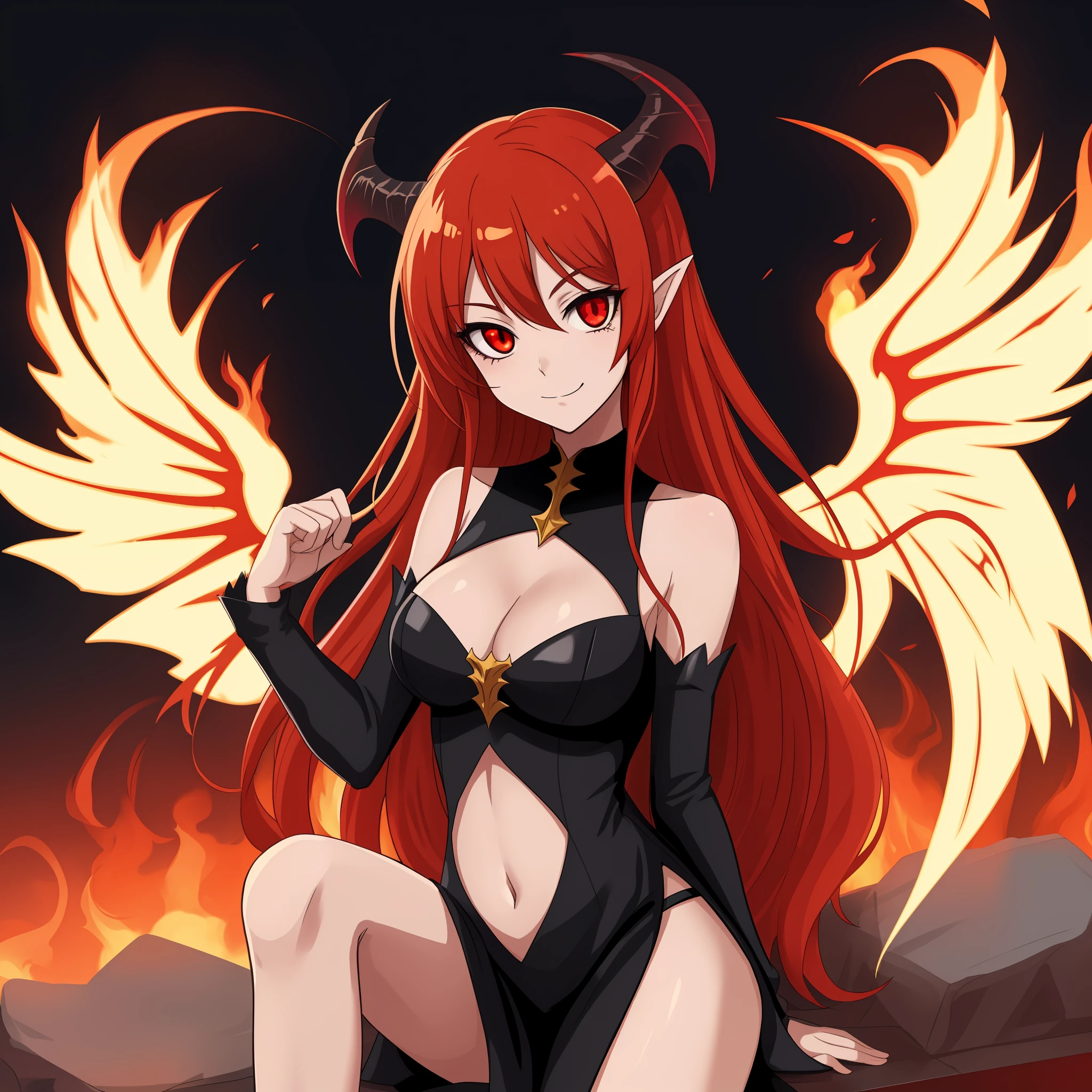 anime girl with horns and a black dress posing, beautiful succubus, demon anime girl, succubus in tight short dress, mika kurai demon, demon girl, succubus, demoness, fire demon, hot fire goddess, succubus | medieval, giesha demon, devilish, cheeky devil, lilith, portrait of demon girl, skinny, fit, full body shot, sitting, legs crossed, symmetrical wings