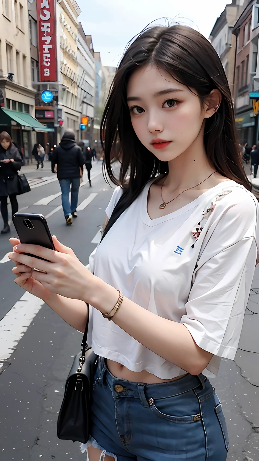 Beautiful woman, fiddling with cell phone in the middle of the street, short clothes