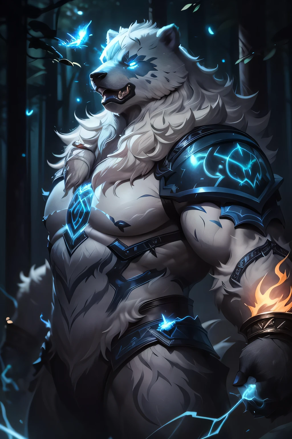 (masterpiece, 4k ,ultra detailed:1.2),(fantasy:1.2),illustration,(realistic:1),(photorealistic:1),
(Volibear, the champion from League of Legends:1.6),
(white hair,very long fur:1.6),(roaring with open mouth:1.3),(white bear with blue eyes and a glowing light on its face:1.4),
(musculous body,blue rays coming out of eyes,rays surrounding around,giant bear:1.3),
(forest, night, lighted mushrooms, fireflies:1.2),