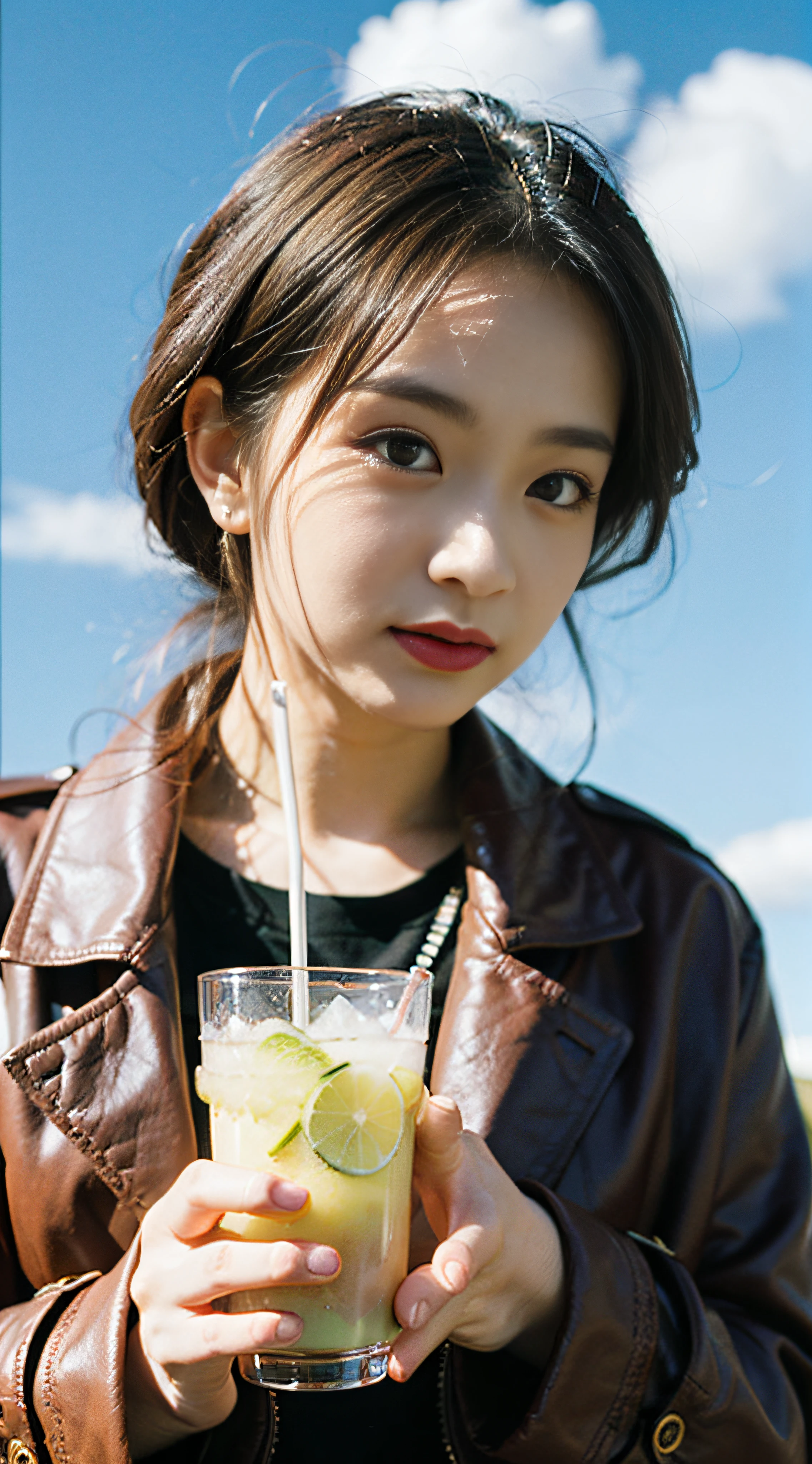 Gray sweater,Burgundy leather coat,Gray hair,Ethereal atmosphere,ice cubes,Lime juice,soft drink,Sunny with blue sky,beautiful cloud