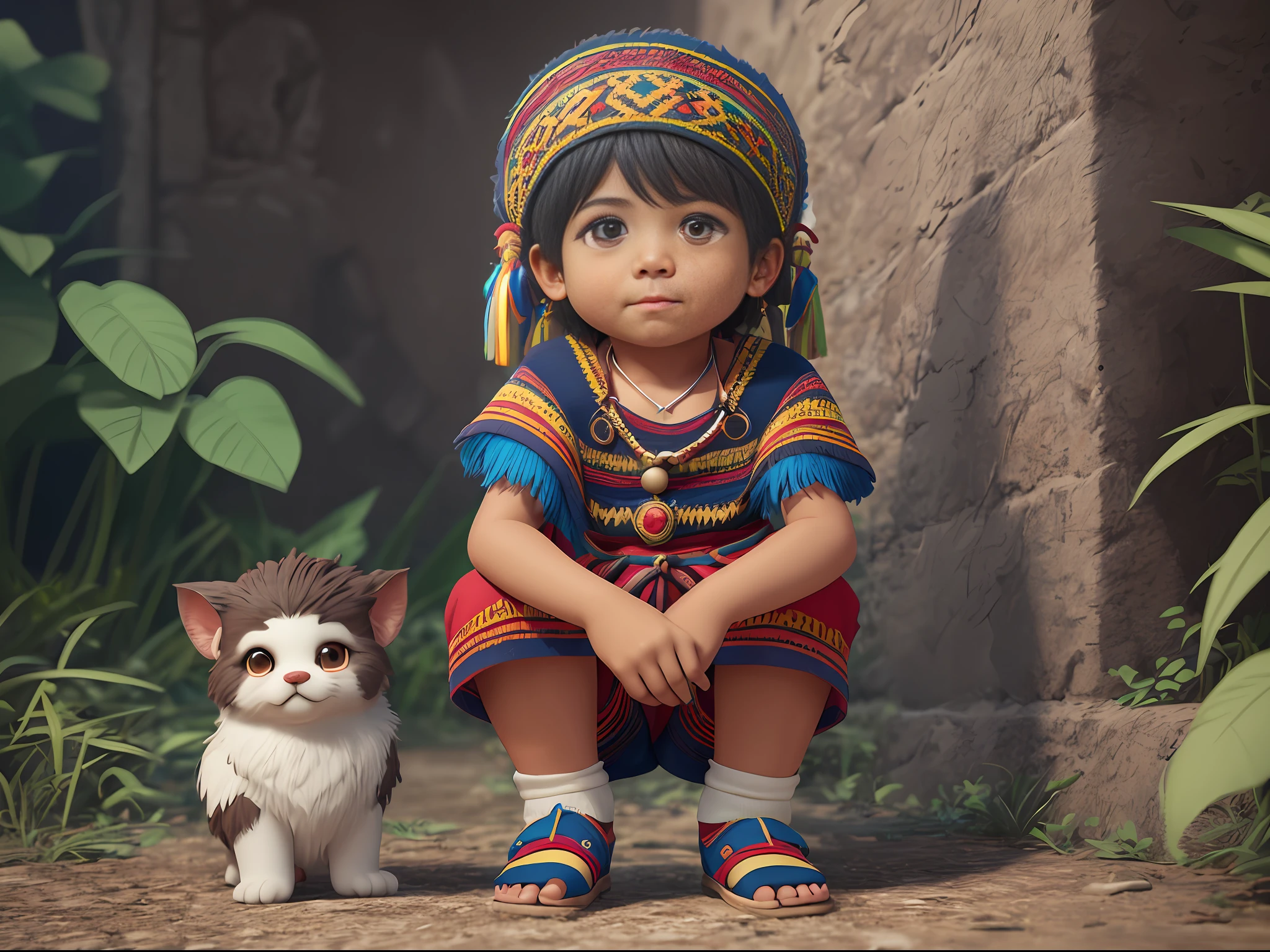 Little cute adorable (((full body))) Bolivian indigenous Inca (((boy))) with big fluffy eyes, 8K, OCTANE RENDER --auto --s2