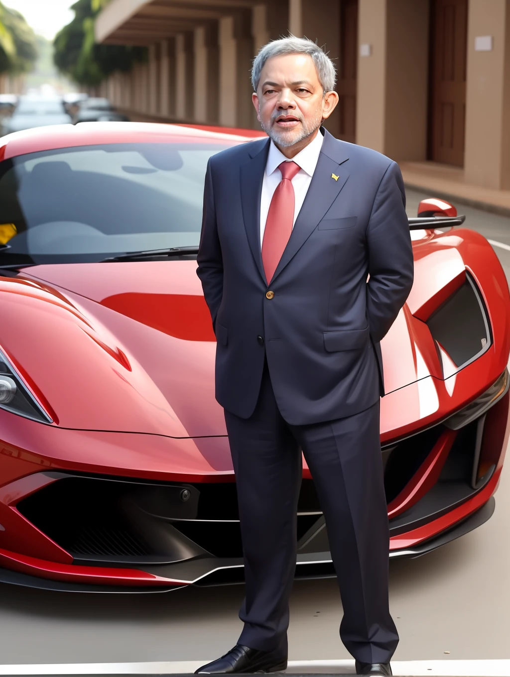 Presidente do Brasil, lula, com o cabelo grande, behind him is a Ferrari.