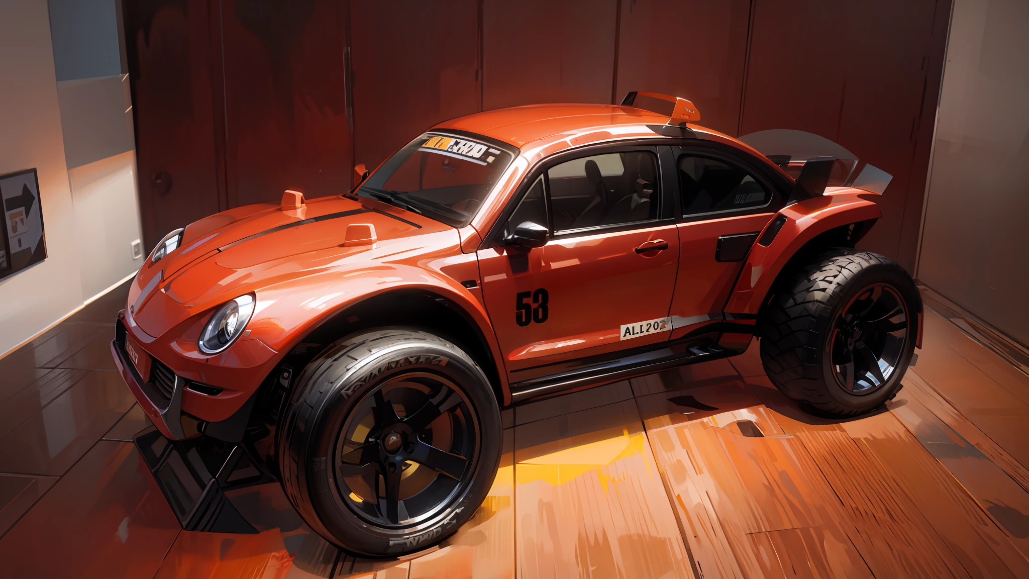 A closeup of a red car on a wooden floor, vw new betle, charrete, Concha vermelha. Pista de terra, Tem uma tinta vermelha e preta, CR3, vista frontal completa, 2023, 2 0 2 3, tiro frontal, Vista lateral superior frontal, 2022, 2 0 2 2, High detail!!, foto altissa definicao, Inspirado no besouro